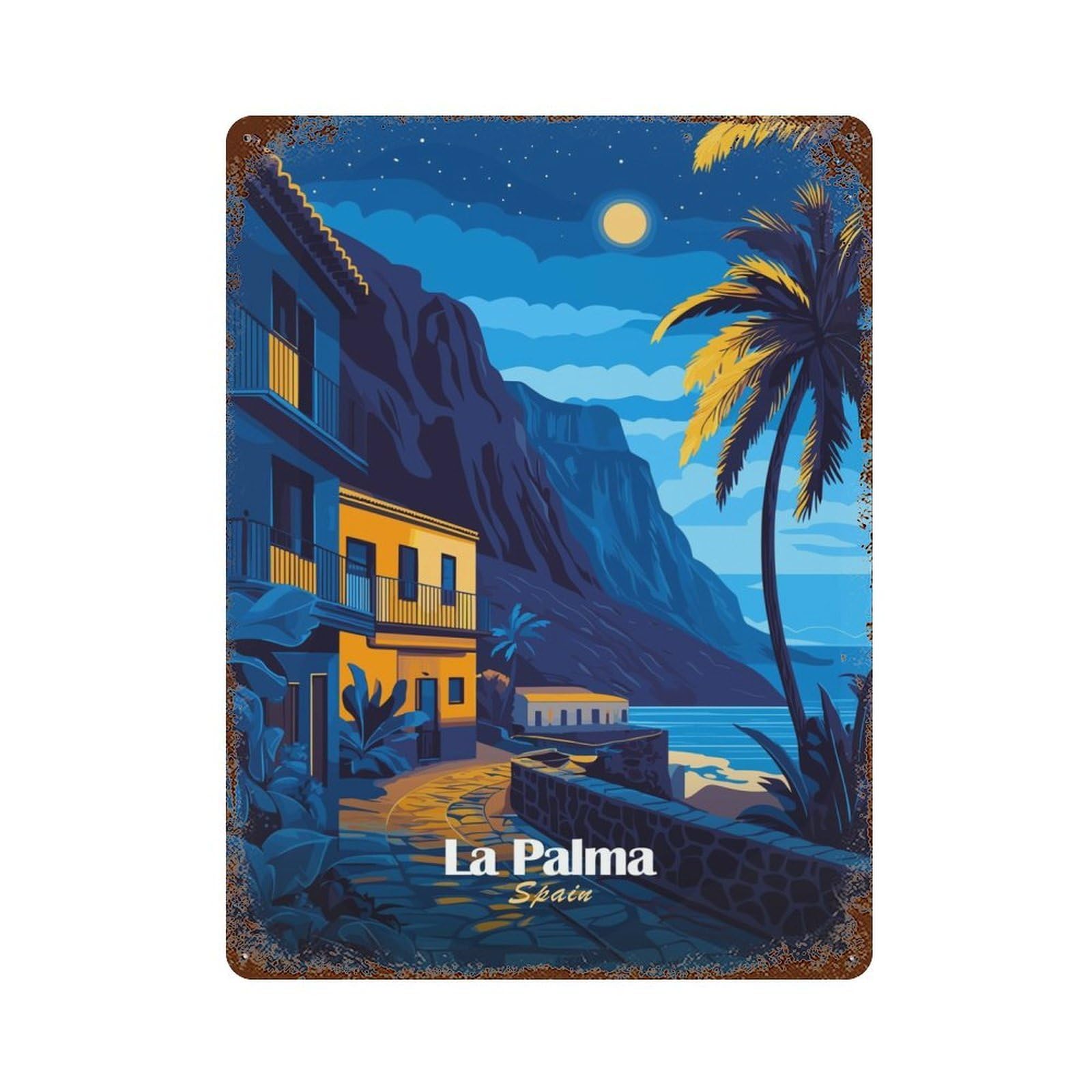 La Palma Night Scene Rustic Tin Plaque 15.7"x11.8", for Shed, Workshop And Garage Wall Decor, Rustic Home Decor