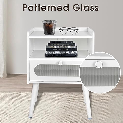 Miniatura 4 de Mesita de noche moderna de mediados de siglo con estación de carga, mesitas de noche con puerta decorativa de cristal, mesa auxiliar con 2 niveles