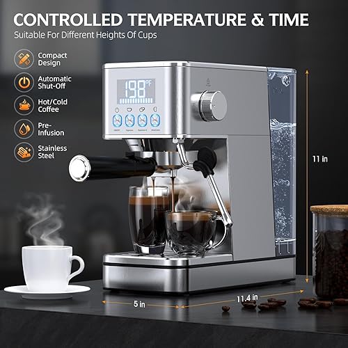 Miniatura 3 de Máquina de café expreso, máquina compacta de café expreso inoxidable de 20 bares, con espumador de leche, tanque de agua extraíble de 57.5 onzas,