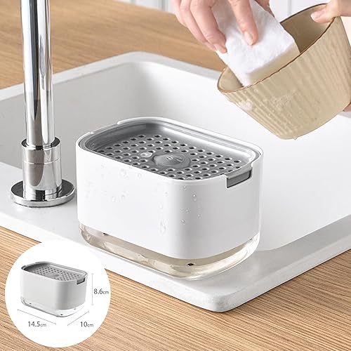 Miniatura 3 de RUFCRIL Dispensador de bomba de jabón y soporte para esponja, dispensador de jabón para platos de 10 oz  10.1 fl oz para cocina, color blanco