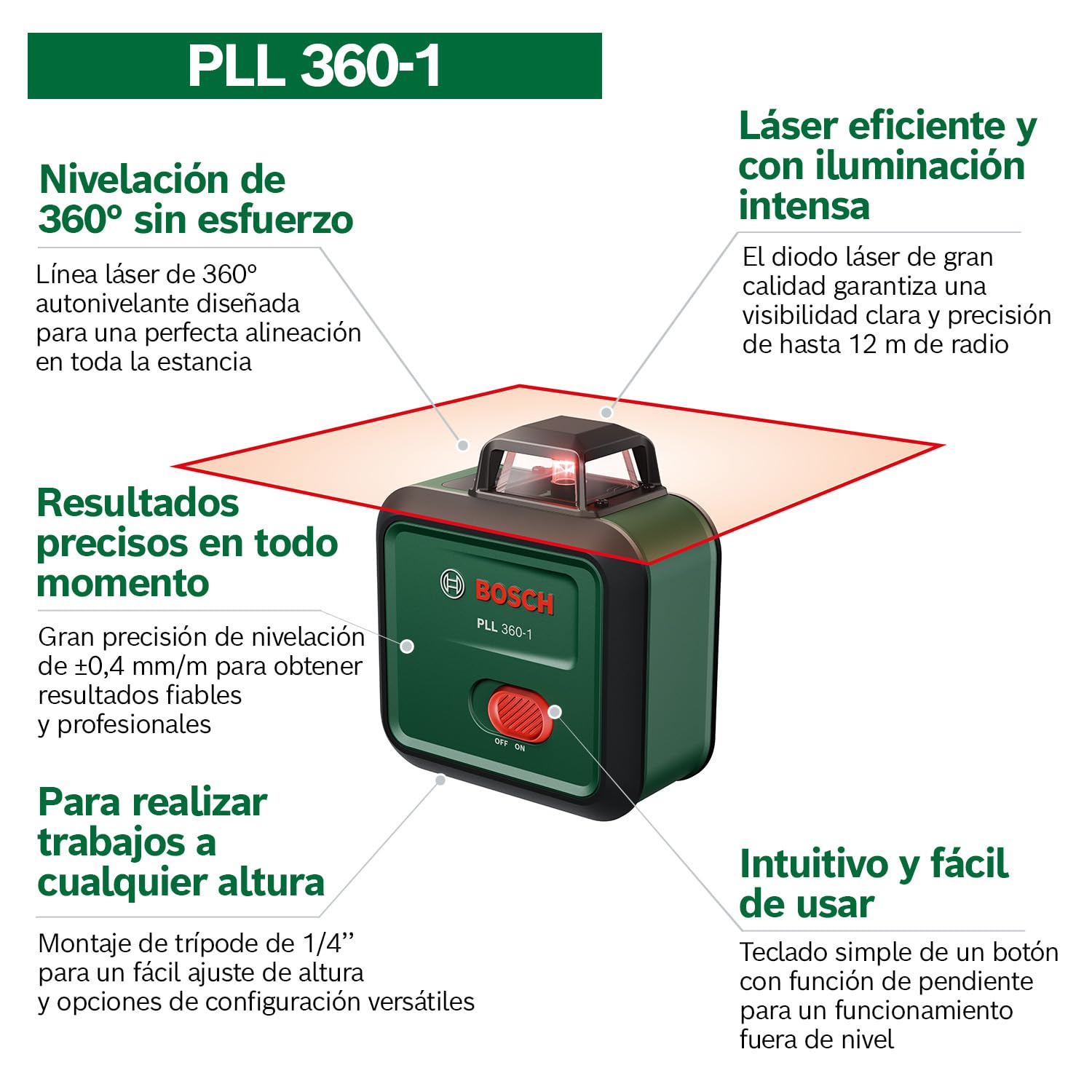 Nivel láser PLL 360-1 de Bosch (nivel láser de 360° autonivelante, precisión de ±0,4 mm/m, rango de trabajo de 12 m, función de pendiente, en caja de cartón para comercio electrónico)