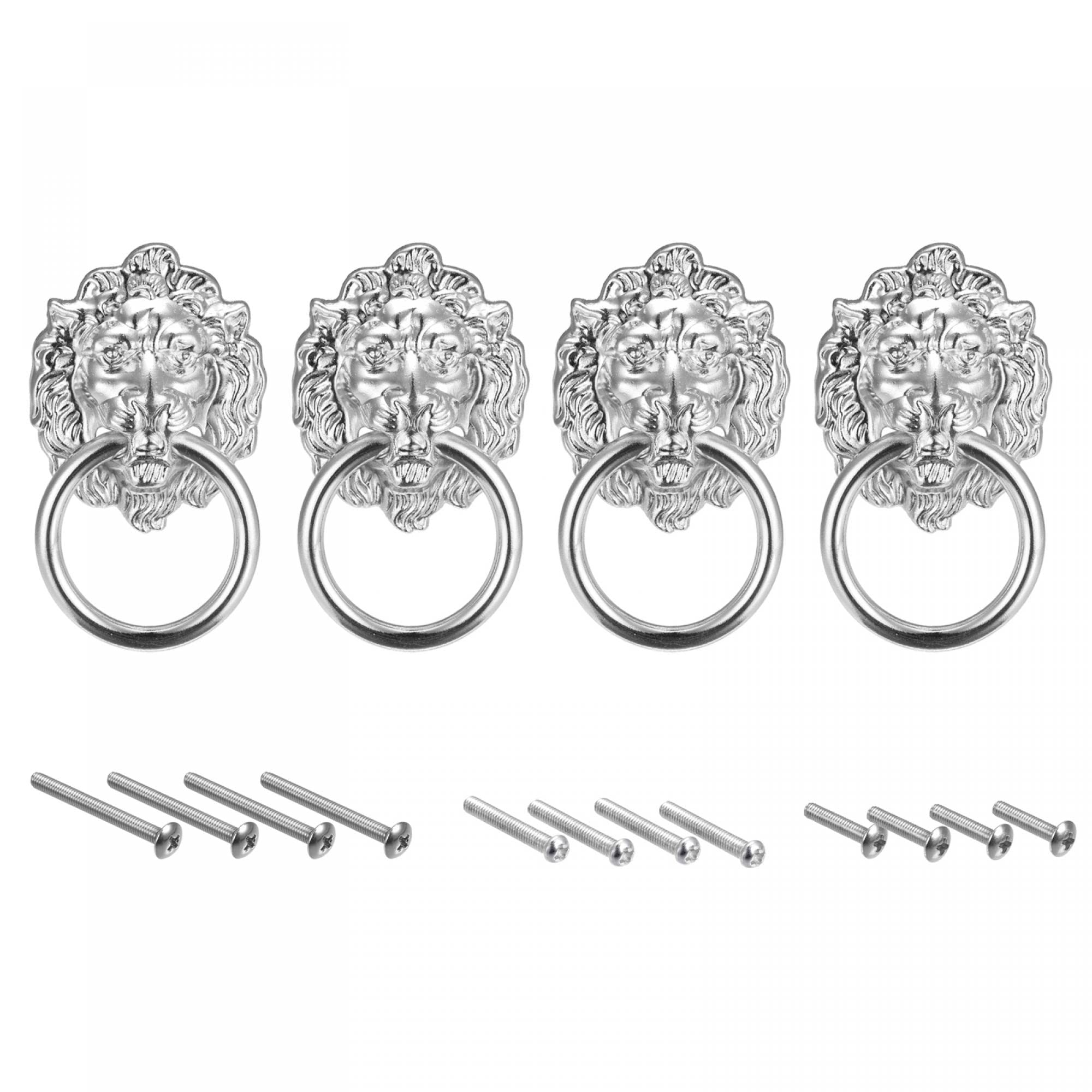 sourcing map 4Pcs Lion Head Pulls Knob 1.57" x 2.68" Silver Lion Head Drawer Pulls Ring Pull for Cupboard Suitcase Furniture Replacement with Mounting Screws