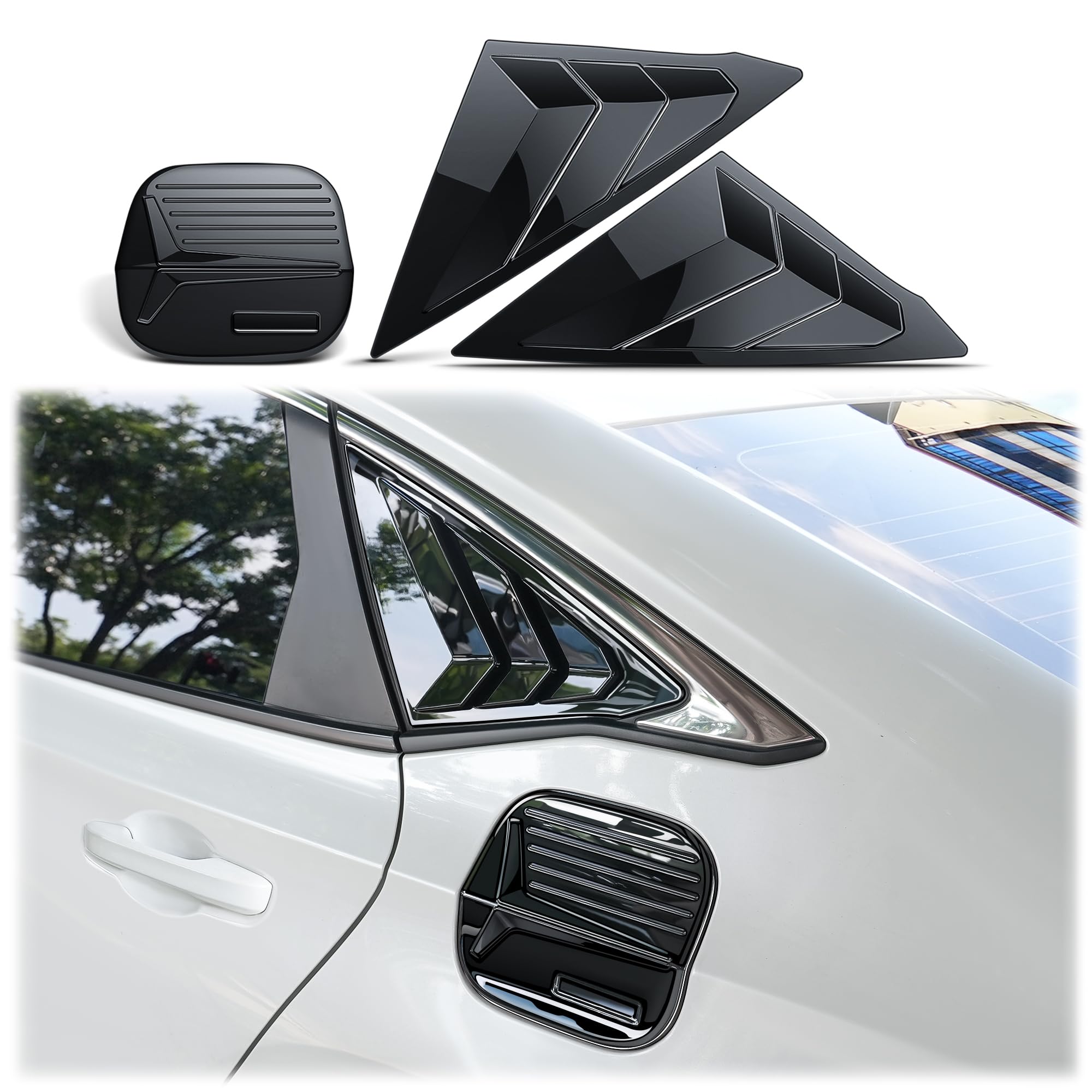 for 11th Gen 2022-2026 Honda Civic Accessories, 3pcs Trim Set - Rear Quarter Triangle Window Louver Covers &amp; Fuel Tank Cover (Fits Sedan Only/Not for Hatchback) (Glossy Black)