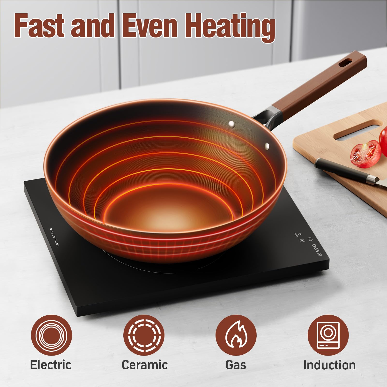 Jobin 32 cm/5,2L Wok de Acero al Carbono con Tapa de Cristal | Sin Revestimiento Químico | Adecuado Para Cocinar Platos Para 4-6 Personas | Apto Para Todas las Estufas