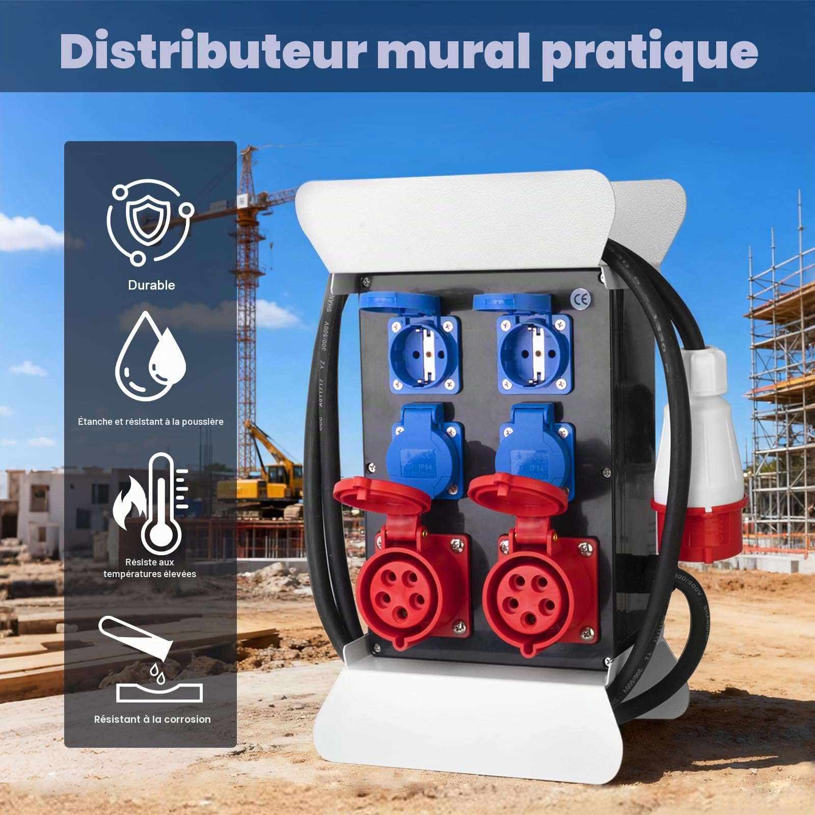 Répartiteur de courant portable avec fiche CEE 400 V/16 A/5 broches – Répartiteur de courant de chantier avec 4 prises Schuko 230 V/16 A et 2 prises CEE 400 V/16 A – Répartiteur de courant