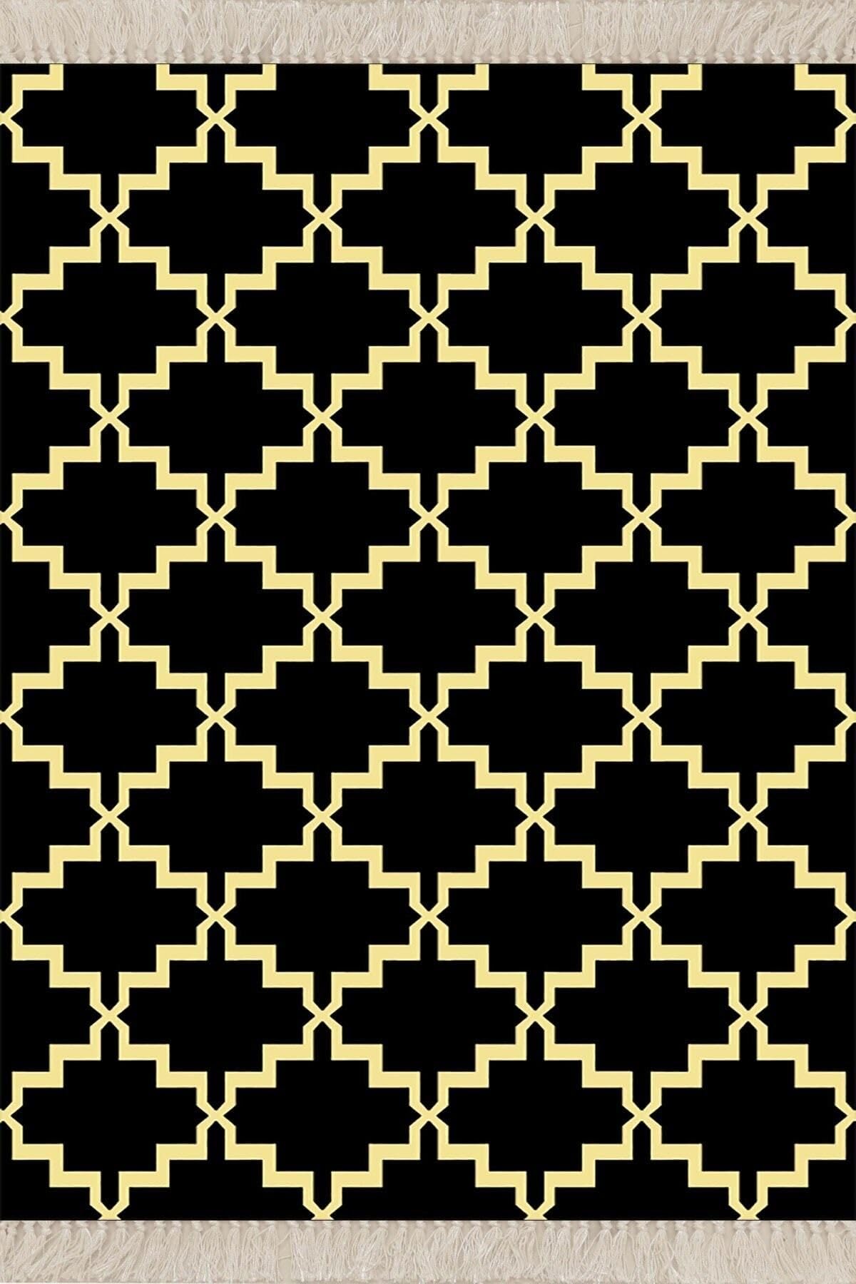 Pelangi Geometrik Gold Karo Desenli Dijital Baskı Yıkanabilir Kaymaz Taban Modern Salon Halısı, Gold-Siyah 160 x 230, 1573116023005