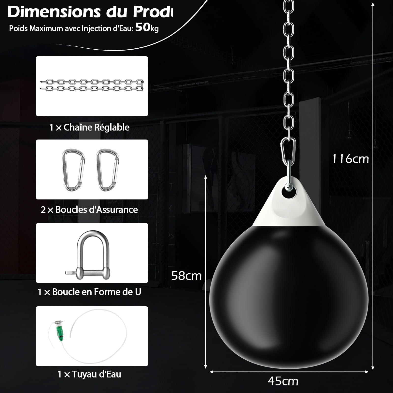 GOPLUS Saco de Boxeo de Agua, 55 cm Bolsa de Boxeo con Cadena de Metal Ajustable, Manguera de Inyección de Agua y Mosquetón, 70 L a Prueba de Fugas, Equipo de Boxeo para Profesionales y Principiantes