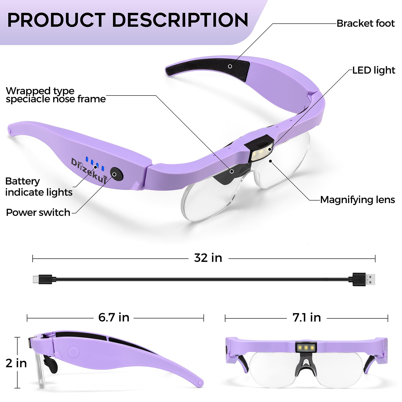 Dilzekui Lupa con luz de 1.5X a 5.0X, lupa recargable, lupa iluminada con 4 lentes desmontables, lupa para trabajo cercano, joyería de lectura