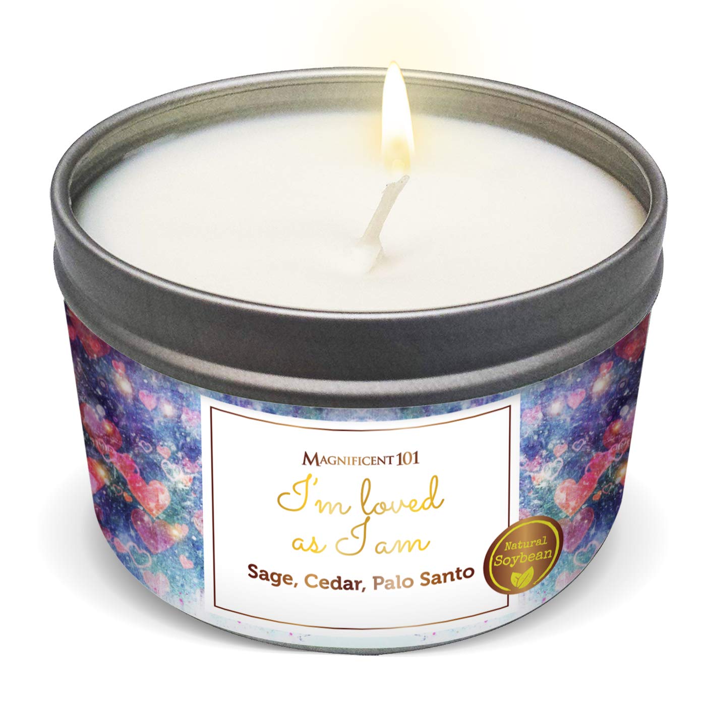 MAGNIFICENT 101Affirmations Sage, Cedar, Palo Santo, Sprinkle of sage Leaves Smudge Candle for House Energy Cleansing, Banishes Negative Energy - Natural Soy Wax Tin Candle (I´M Loved AS I AM)