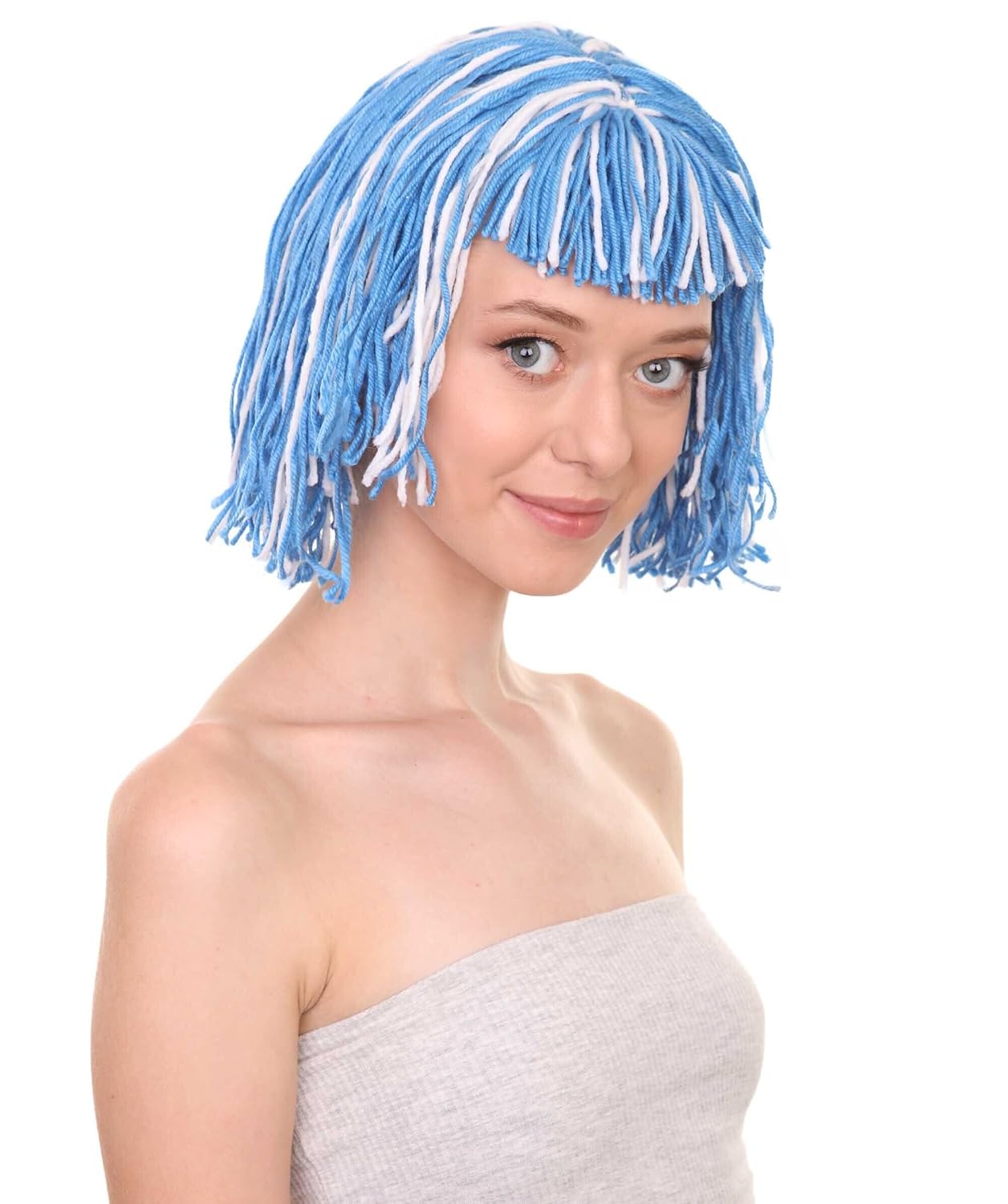 HPO Adult Women's Short Blue and White Yarn Braided Doll Bob Wig, Synthetic Soft Fiber Hair, Perfect for your next Halloween Party and Group Anime Function!