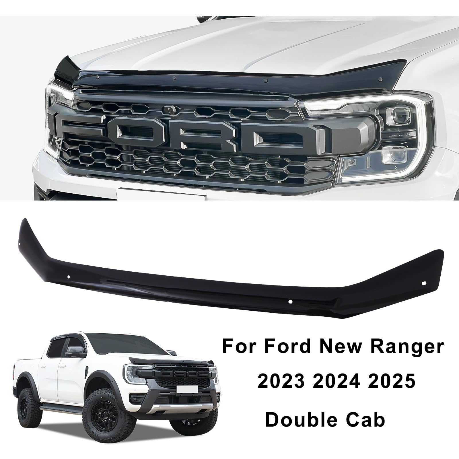 Motorhauben-Deflektor Insektenschutz für 2023–2026 T9 Ford Ranger Wildtrak, Raptor, XL, XLT, Limited, Tremor, Wildtrak X, Platinum, PMMA Acryl, UV-beständig, wetterfest, glänzend schwarz