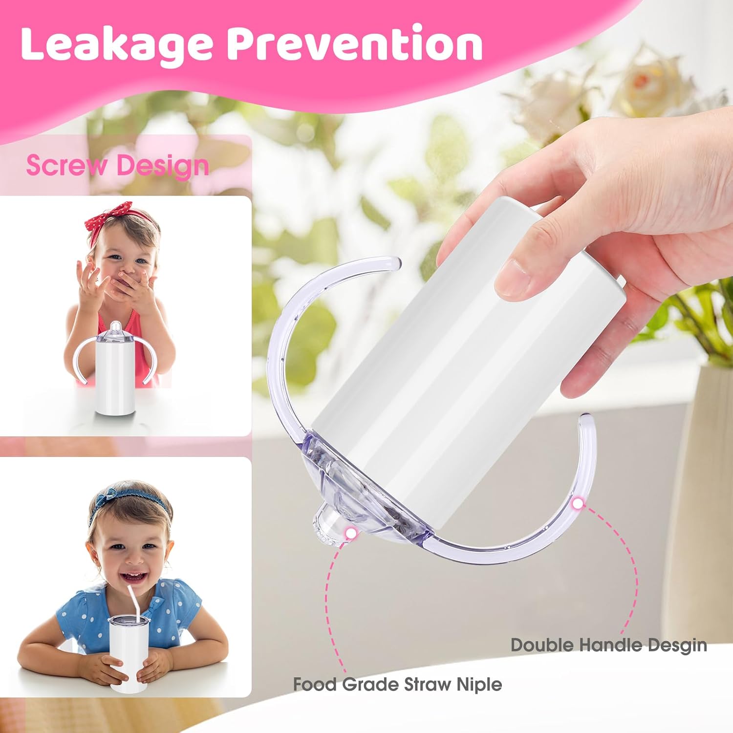 Sublimation Sippy Cup Blank with Handle, 12oz Stainless Steel Sippy Cups, Kids Cups with Straws and Lids Spill Proof Double Wall Vacuum Cup for Children(4 Pack)