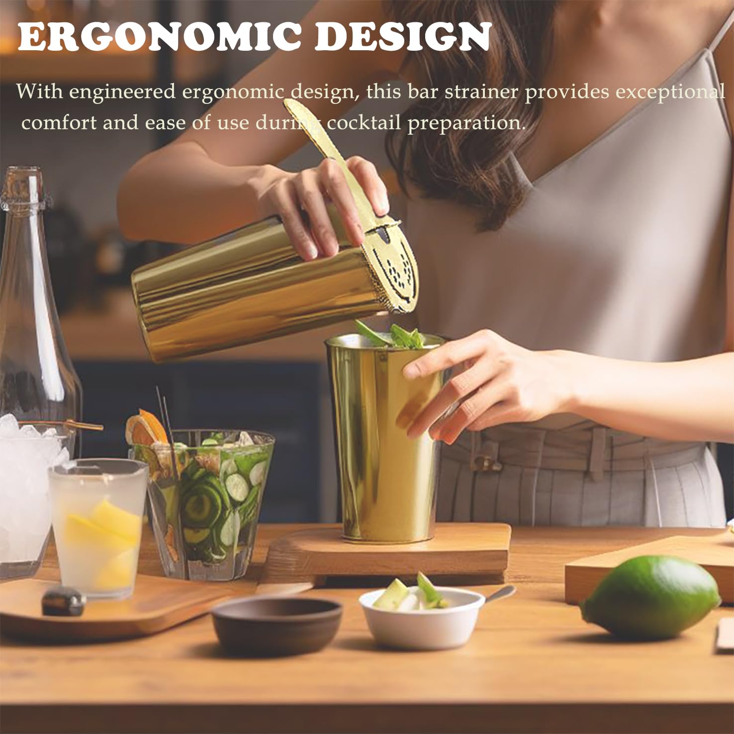 Colador de cóctel dorado para bebidas, colador Hawthorne de 2 puntas con resorte extraíble, acero inoxidable, colador de bartending 4