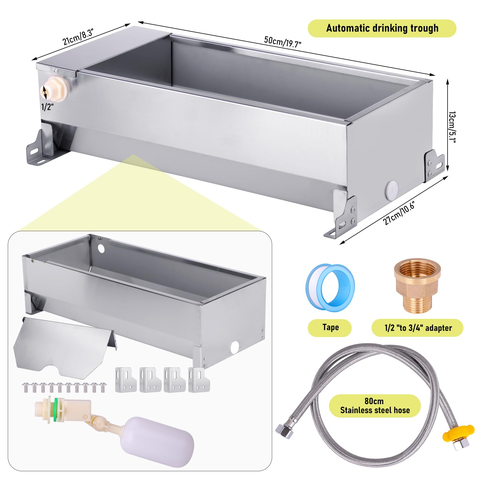 Abbeveratoio Automatico per Cani, Abbeveratoio per Cani in Acciaio Inox di Grande Capacità con Tubo Flessibile Intrecciato e Connettore, per Polli, Oche, Anatre, Ecc.