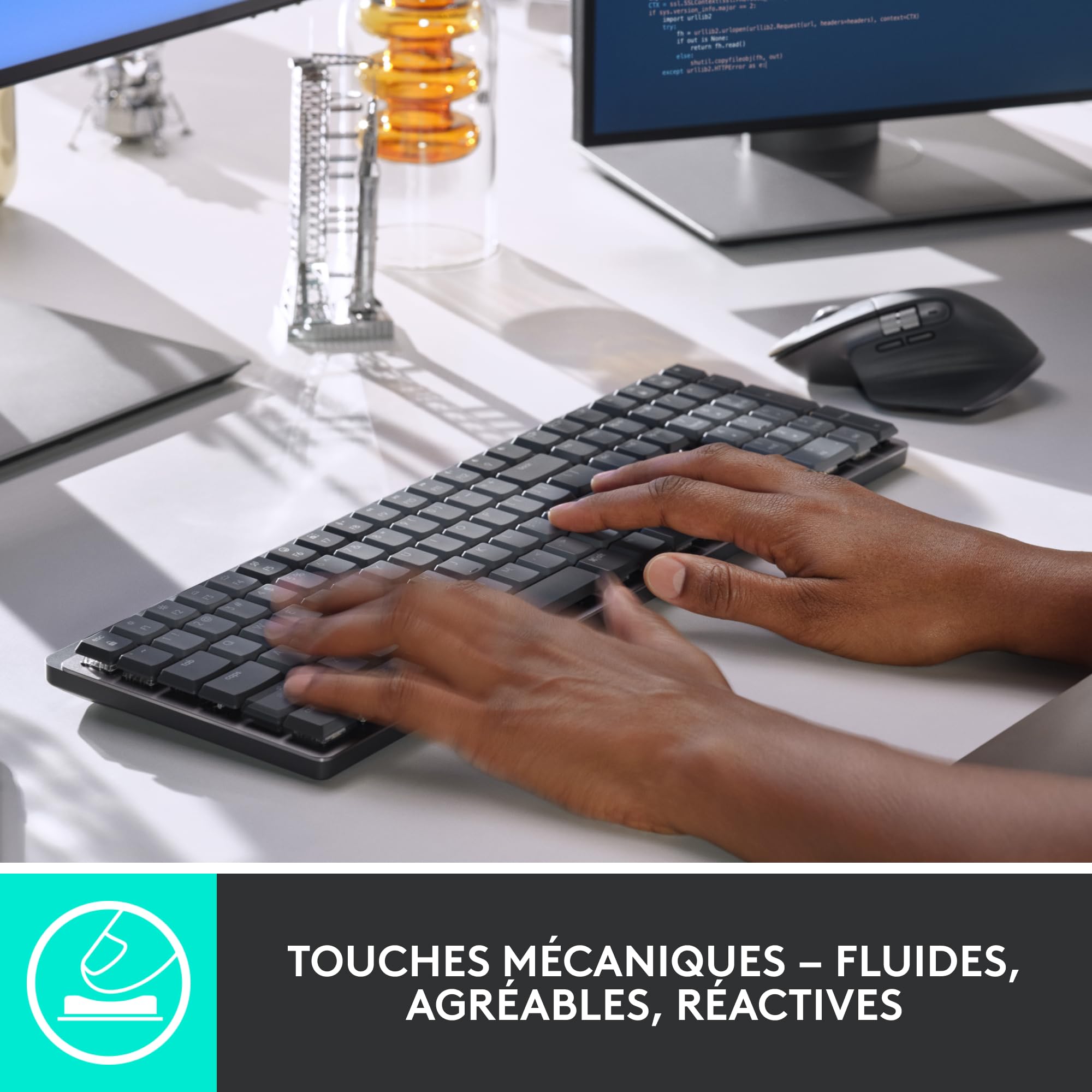 Logitech MX Mechanical Clavier sans Fil Rétroéclairé Performant, Boutons Tactiles Silencieux, Rétroéclairage, Bluetooth, USB-C, macOS, Windows, Linux, iOS, Android, Métal, Français AZERTY - Gris