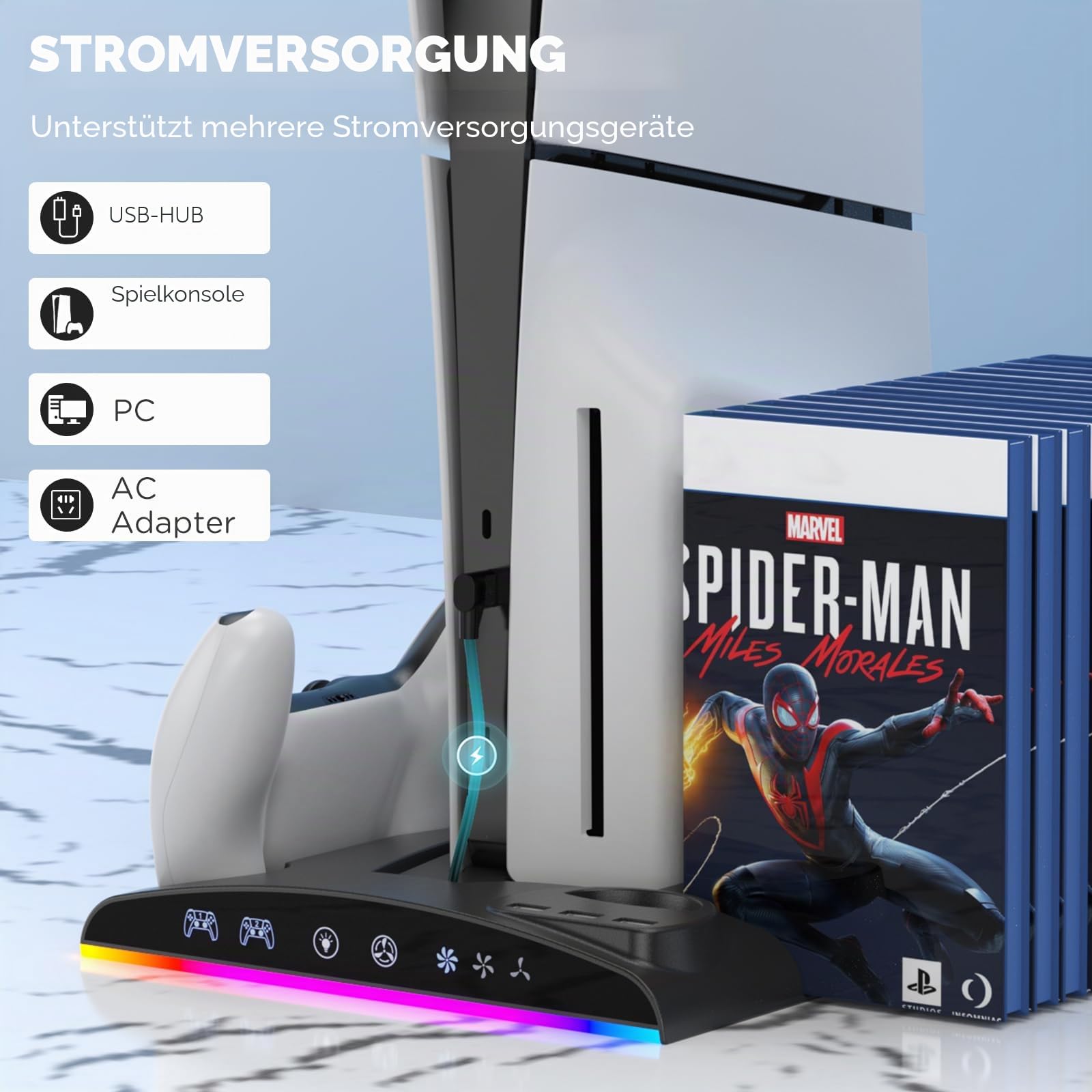 PS5/PS5 Slim Ständer mit 3 Stufigem Lüfter und RGB-Licht, 3 USB-Ports/Controller-Ladestation/Headset-Halter/Remote-Steckplatz/13 Spiele-Aufbewahrung