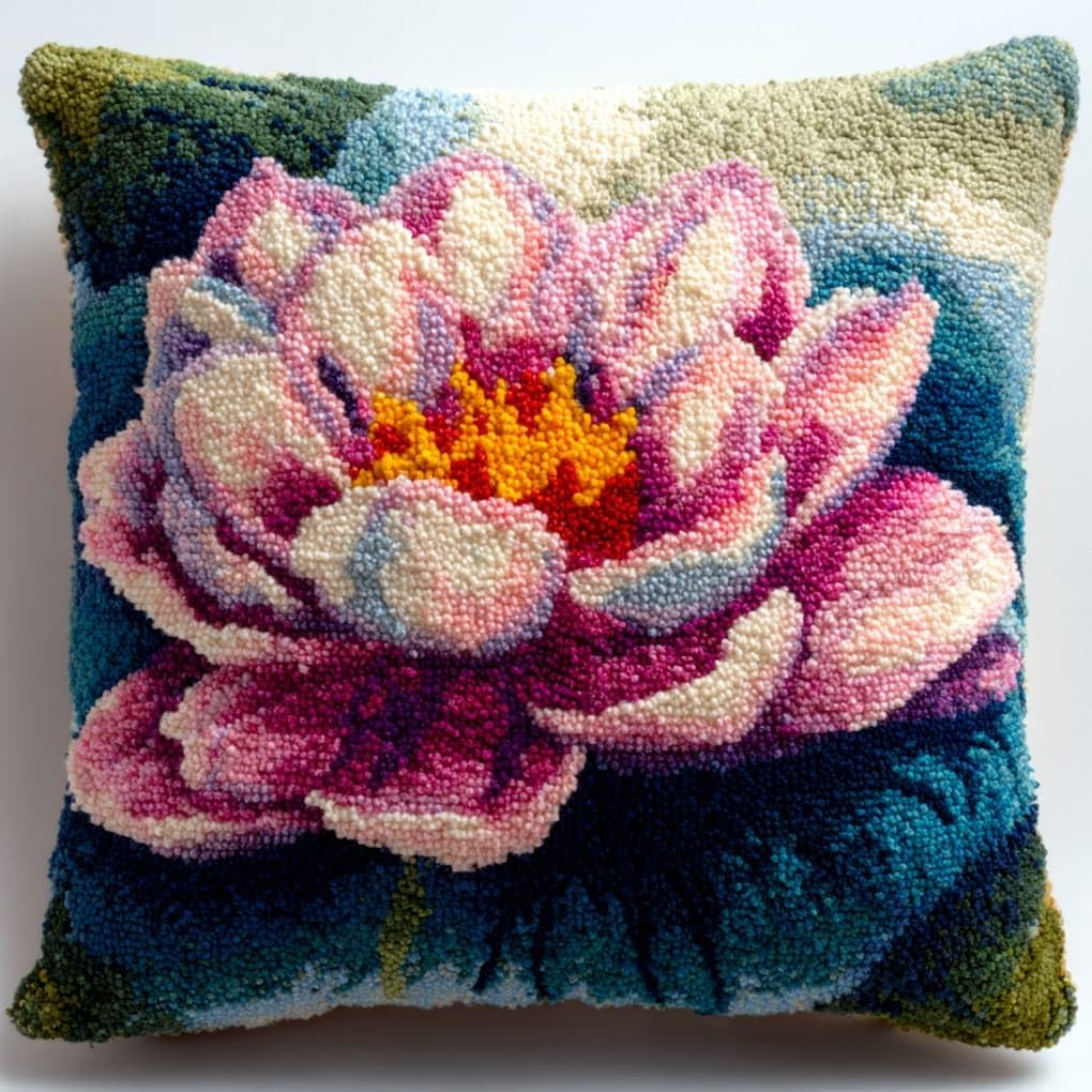 Henypt Easy Beginner Latch Hook Pillow Kit 43x43cm,Beautiful Lotus Needlework Cushion Set Pre-Printed Canvas and Tool Included,Simple Sofa Decor Project