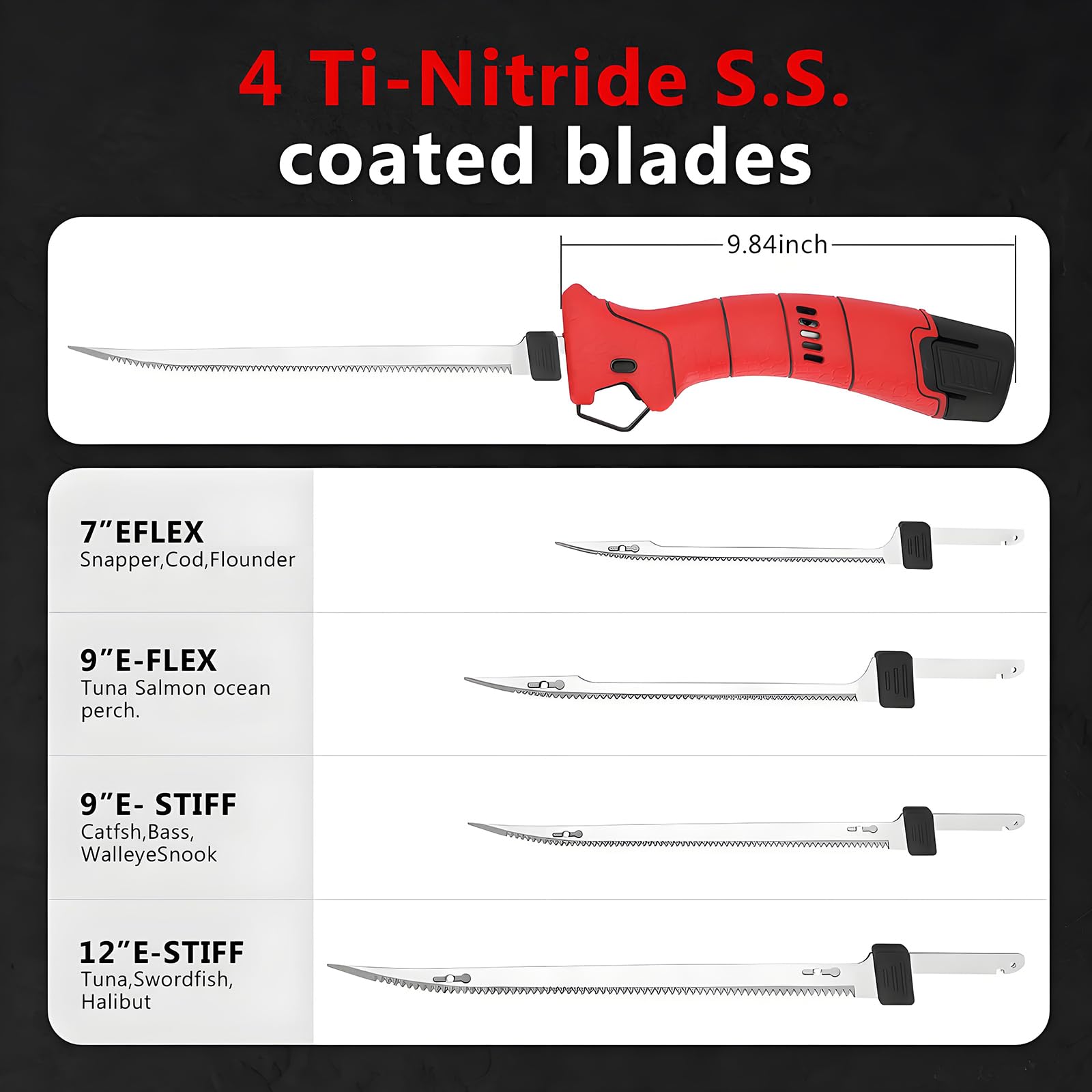Cuchillo De Filete Eléctrico para Pescado, Cuchillo De Fileteado De Pescado Inalámbrico con 4 Cuchillos De Filete Recíprocos Antiadherentes De Nitruro De Titanio SS