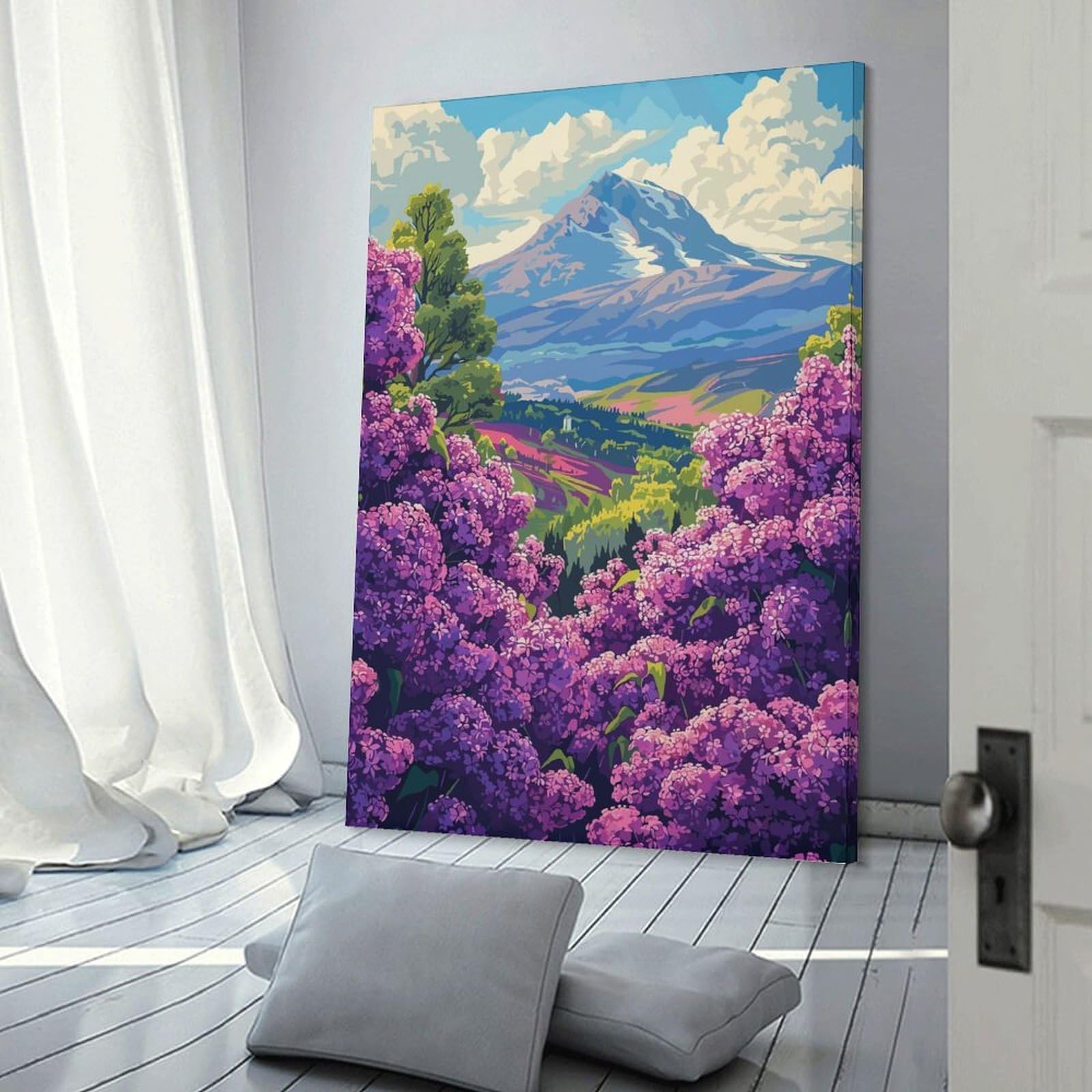 Junmoney Mountain View with Lilacs Wall Picture Print 20x30inch(50x75cm), for Corridors, Hallways Or Apartment Entries, Wall Decor to Refresh Empty Corners