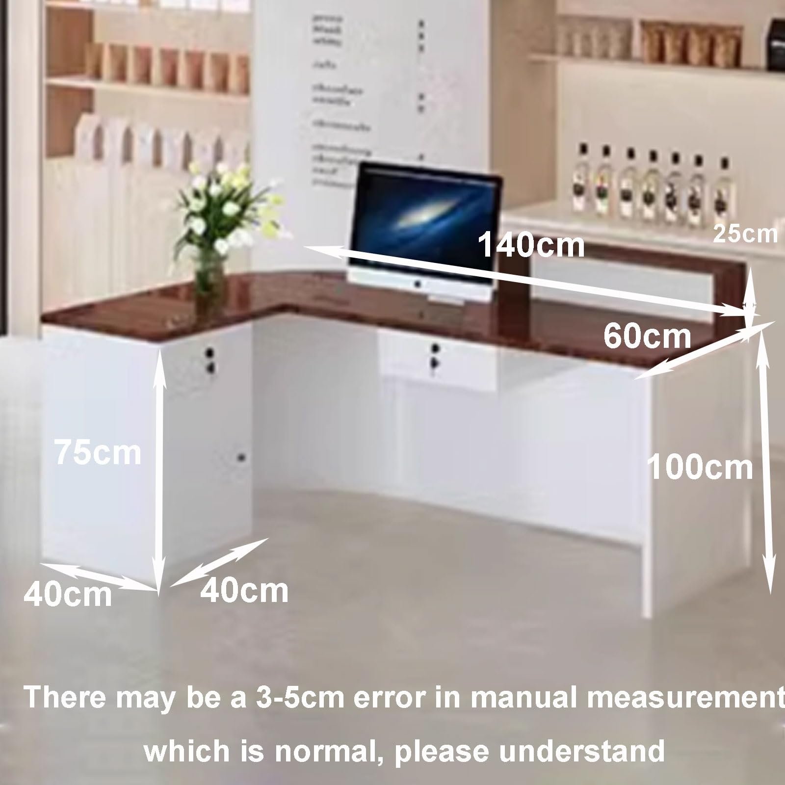 Escritorio moderno con cajones, vestíbulo y mesa de oficina en blanco y marrón, 140 cm, material de madera, diseño contemporáneo para uso empresarial