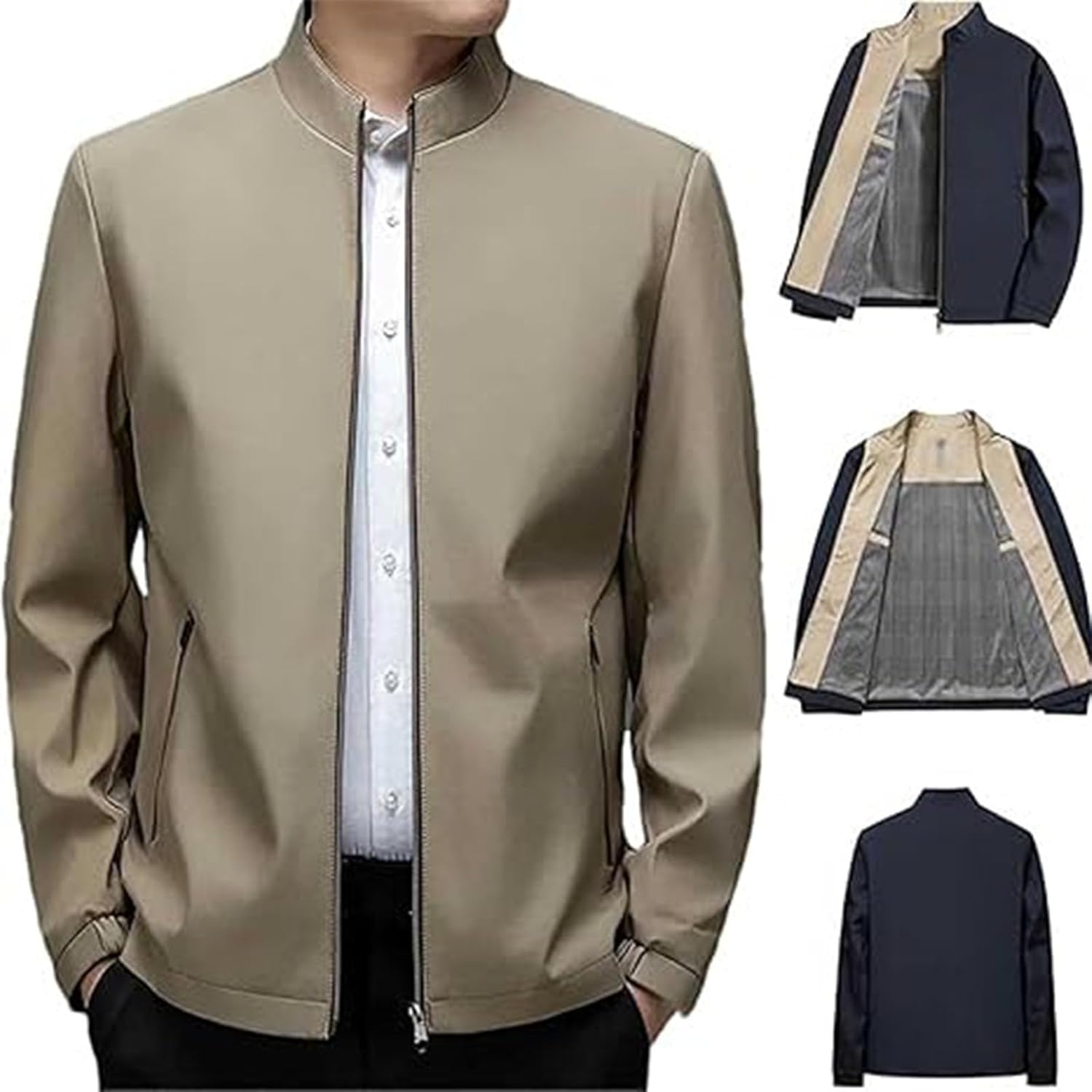 Men's Standing Collar Zipper Casual Jacket, Lightweight Windbreaker Coat with Pockets, Spring Fall Casual Outerwear