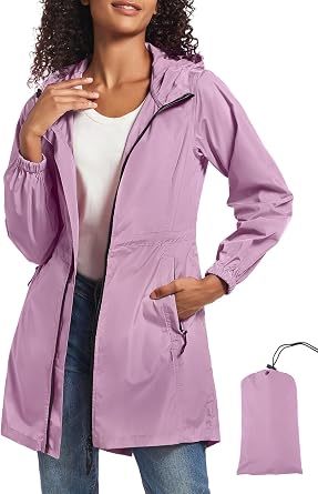 SaphiRose Womens Long Packable Rain Jacket with Hood Waterproof Raincoat