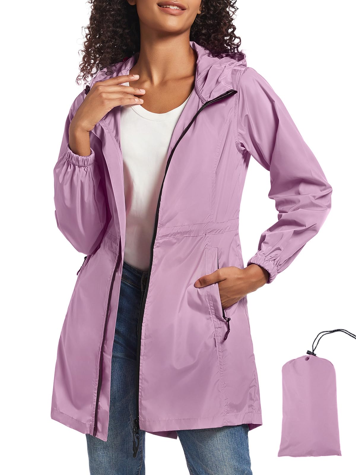 Women's Long Packable Raincoat Waterproof Rain Jacket Lightweight Outdoor Windbreaker with Hood-image-21