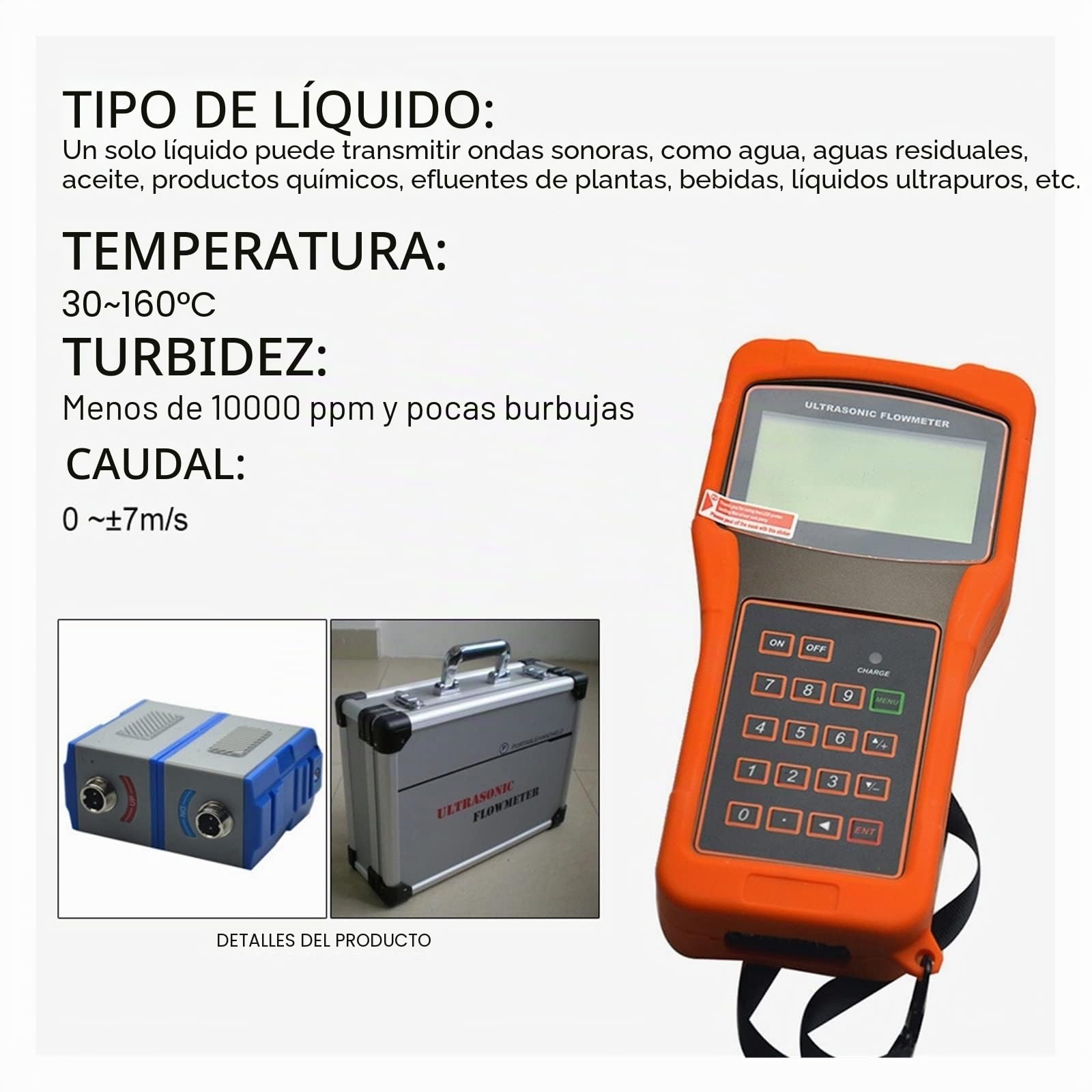 Caudalímetro Ultrasónico, Medidor de Flujo de líquido ultrasónico Digital portátil TUF-2000H con transductor estándar TM-1 Rango de medición DN50-700mm