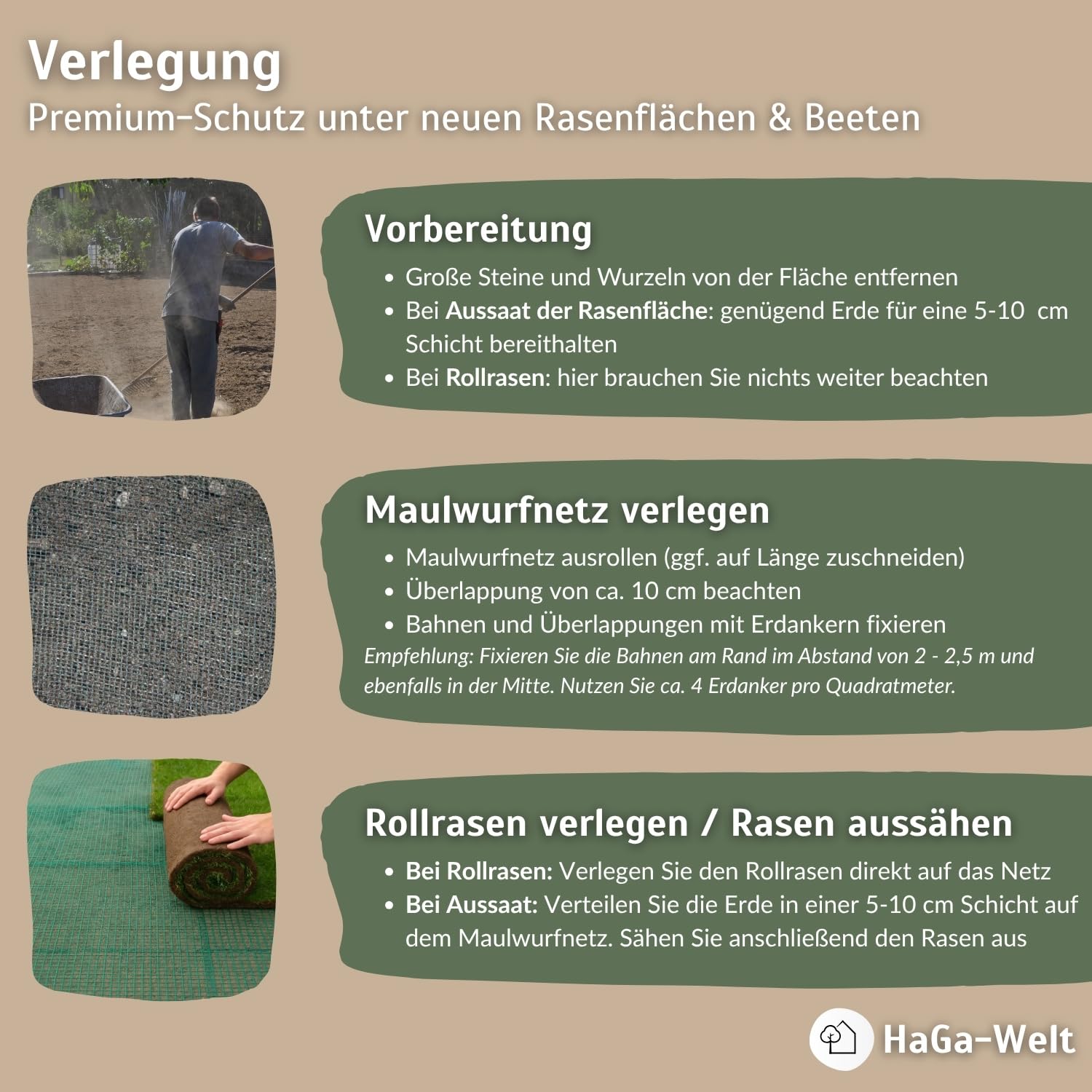 HaGa Maulwurfnetz - 2m x 70m - Schutznetz gegen Maulwurf - effektives Maulwurf vertreiben unter Rasen & Rollrasen - Tierfreundlicher Maulwurf Vertreiber & Maulwurfschreck