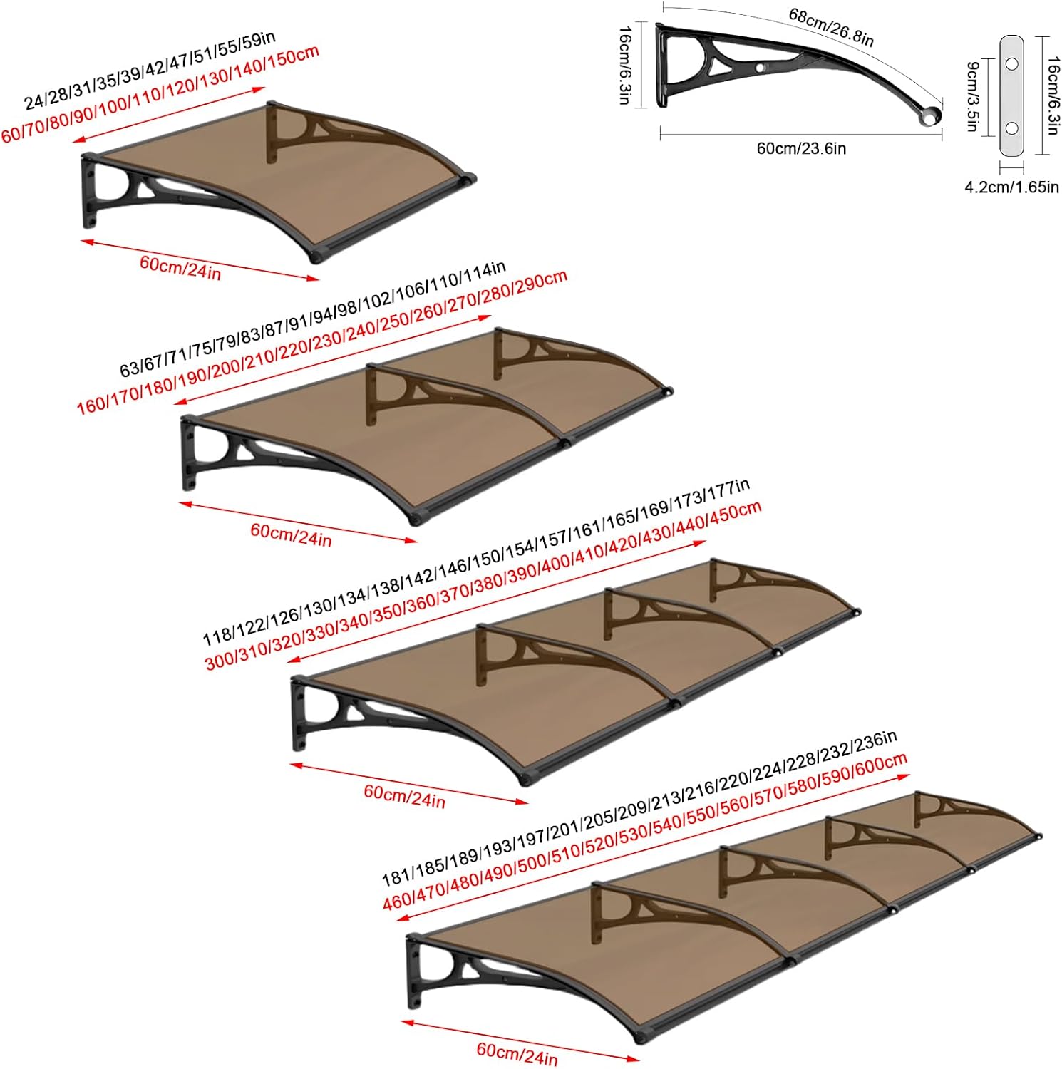 Sink Window Awning,Brown Curved Window Door Canopy,Outdoor Window Rain Shelter Cover,Mute Polycarbonate Cover,Patio Sun Shetter,165 Sizes,UV Rain Snow Protection Entry Awning (60x220cm/24 x8