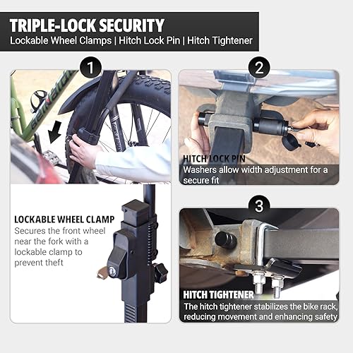 Miniatura 4 de TRAILV2 Soporte de enganche para 2 bicicletas con rampa de bicicleta, inclinable, plegable, antirrobo y bloqueo de rueda, capacidad de 170 libras,