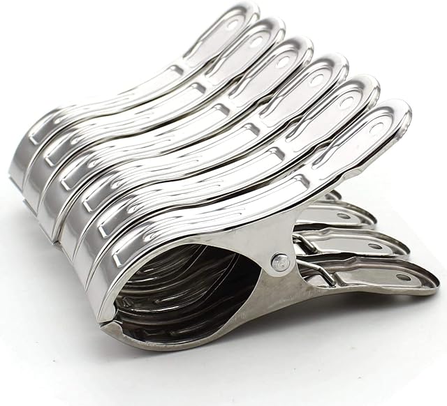 Taianji 6 Pcs Extra Large Beach Towel Pegs Clips Stainless Steel Beach Towel Pegs Windproof Metal Bath Towel Clips Washing Pegs for Sunbeds, Sun Loungers, Pool Chairs, Laundry and More