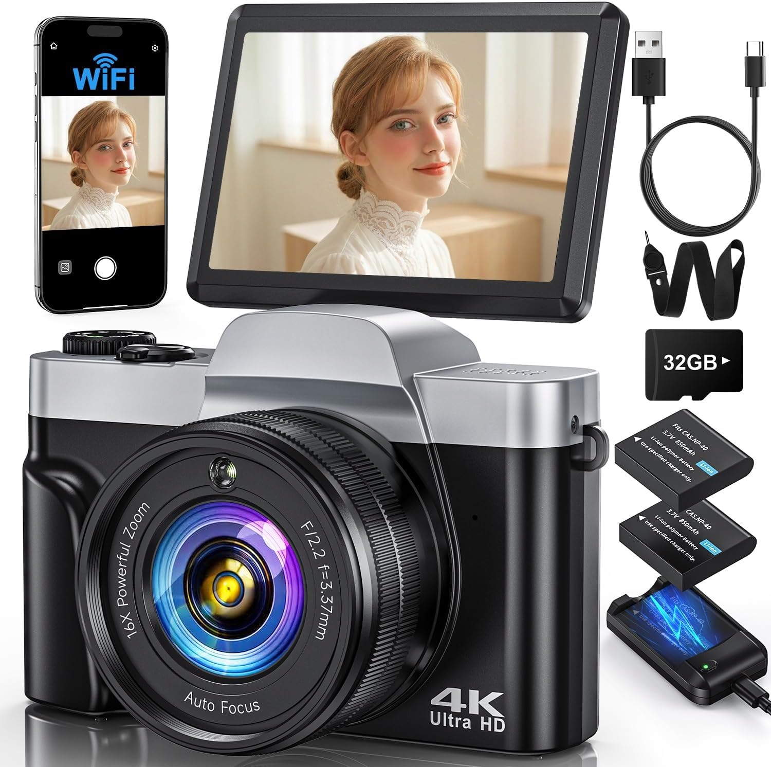Cámara digital 4K con WiFi 64MP enfoque automático cámara de vlogging cámaras de viaje compactas para fotografía, pantalla abatible de 3 pulgadas 180°, zoom 16X, flash antivibración, tarjeta de 32 GB