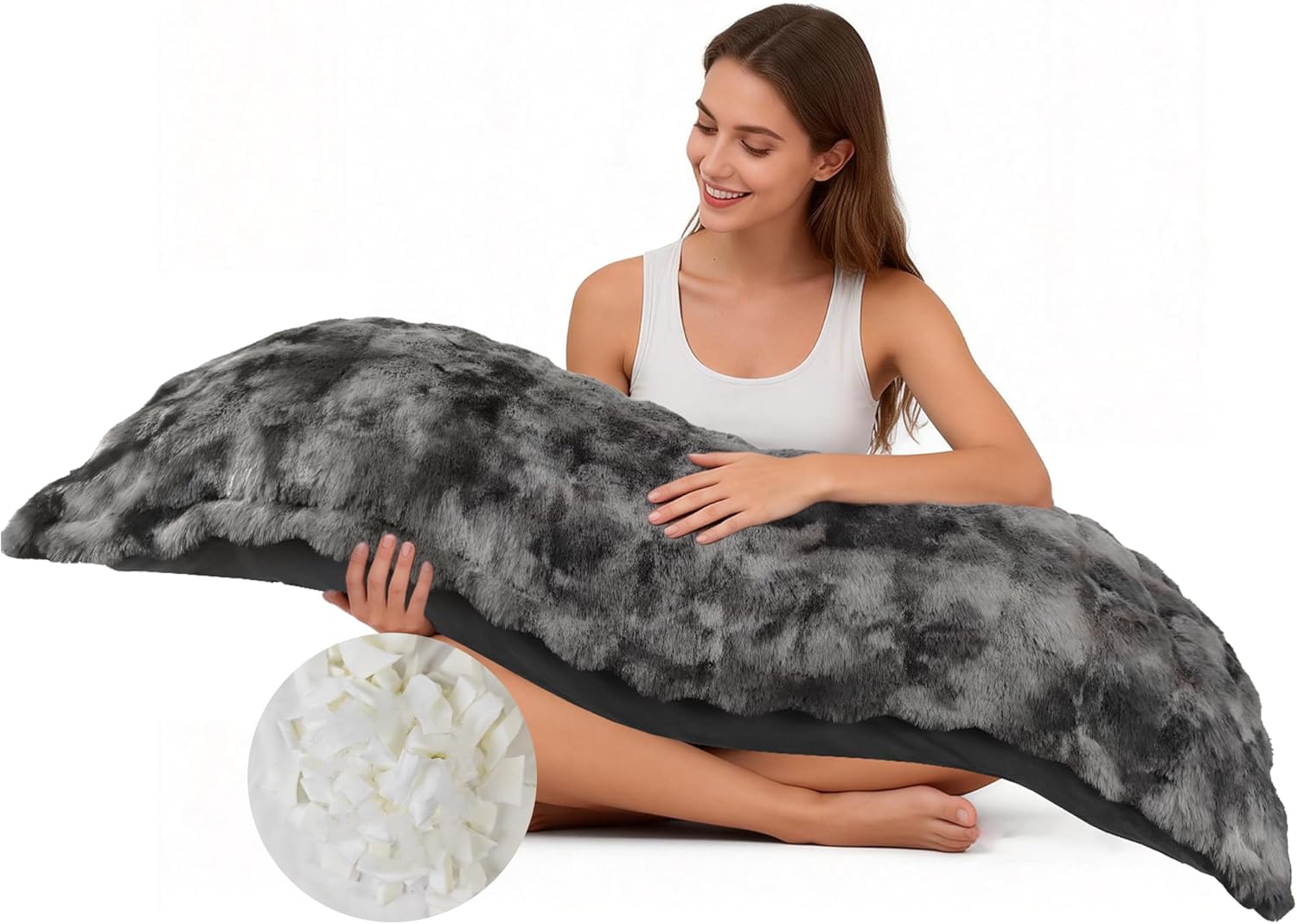 Fluffy Full Body Pillow for Adults, Plush Fuzzy Faux Rabbit Fur Body Pillow with Memory Foam, Adjustable Support for Side Sleepers, Pregnancy, Washable Cover, for Bed, Sofa, Bedding Decor, 20x54 Inch
