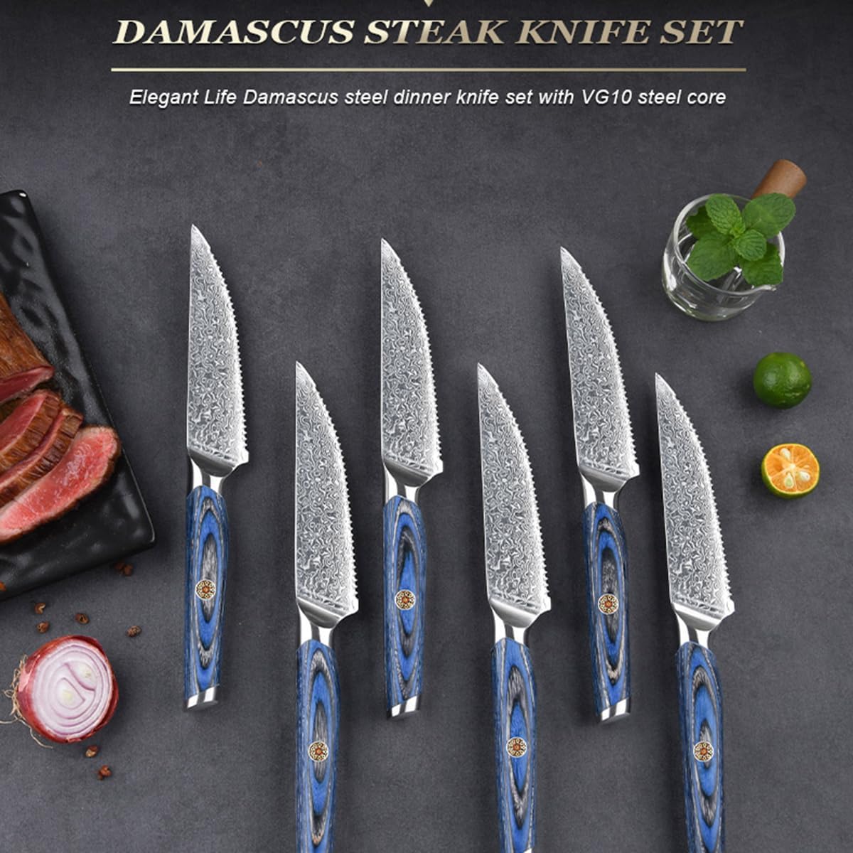 Steak Knives Set of 6,Steak Knives 4.5 Inch with Damascus Patterns,VG10 Damascus Steel Steak Knife with Blue Pakka Wood Handle,Kitchen Steak Knives with Gift Box
