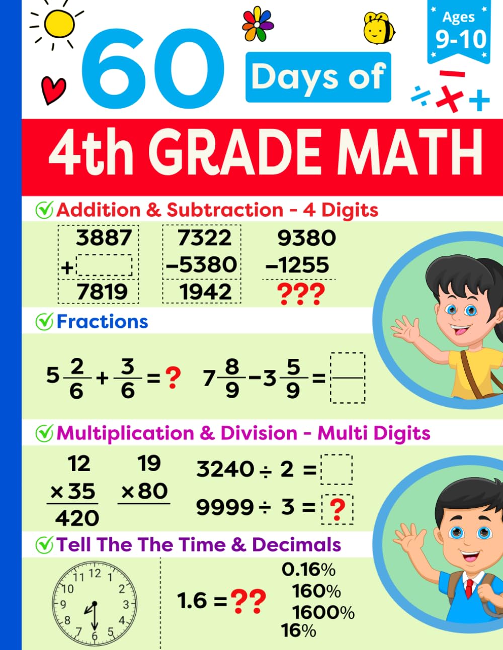 4th Grade Math Practice Book Ages 9 to 10: 4th Grade Summer Workbook Featuring Addition, Subtraction, Multiplication, Division, Fractions and more | ... (Math Ninjas - Children Math Essentials)