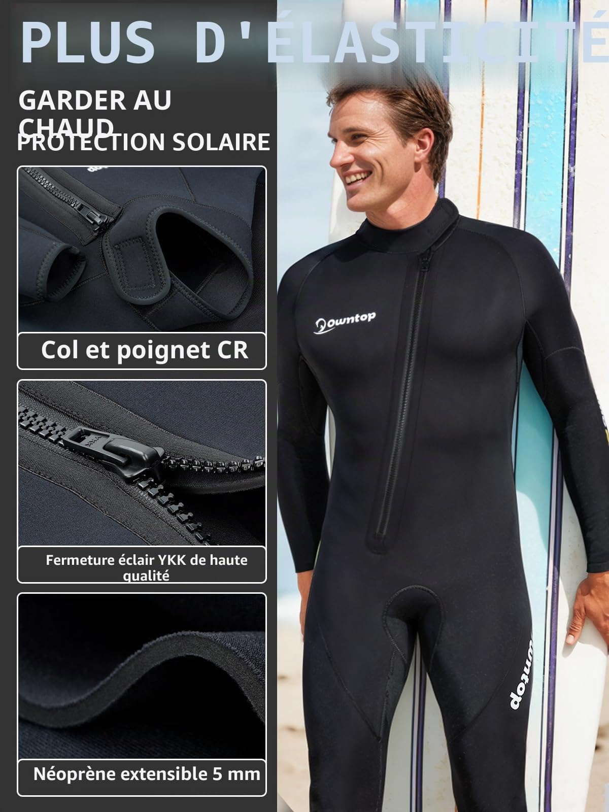Owntop Combinaisons de Plongée 5mm pour Hommes Femmes - Combinaison Néoprène Adultes, Wetsuit à Fermeture Éclair Frontale de Longueur Intégrale, Ultra-Chaude Flexible pour Plongée Surf en Eau Froide