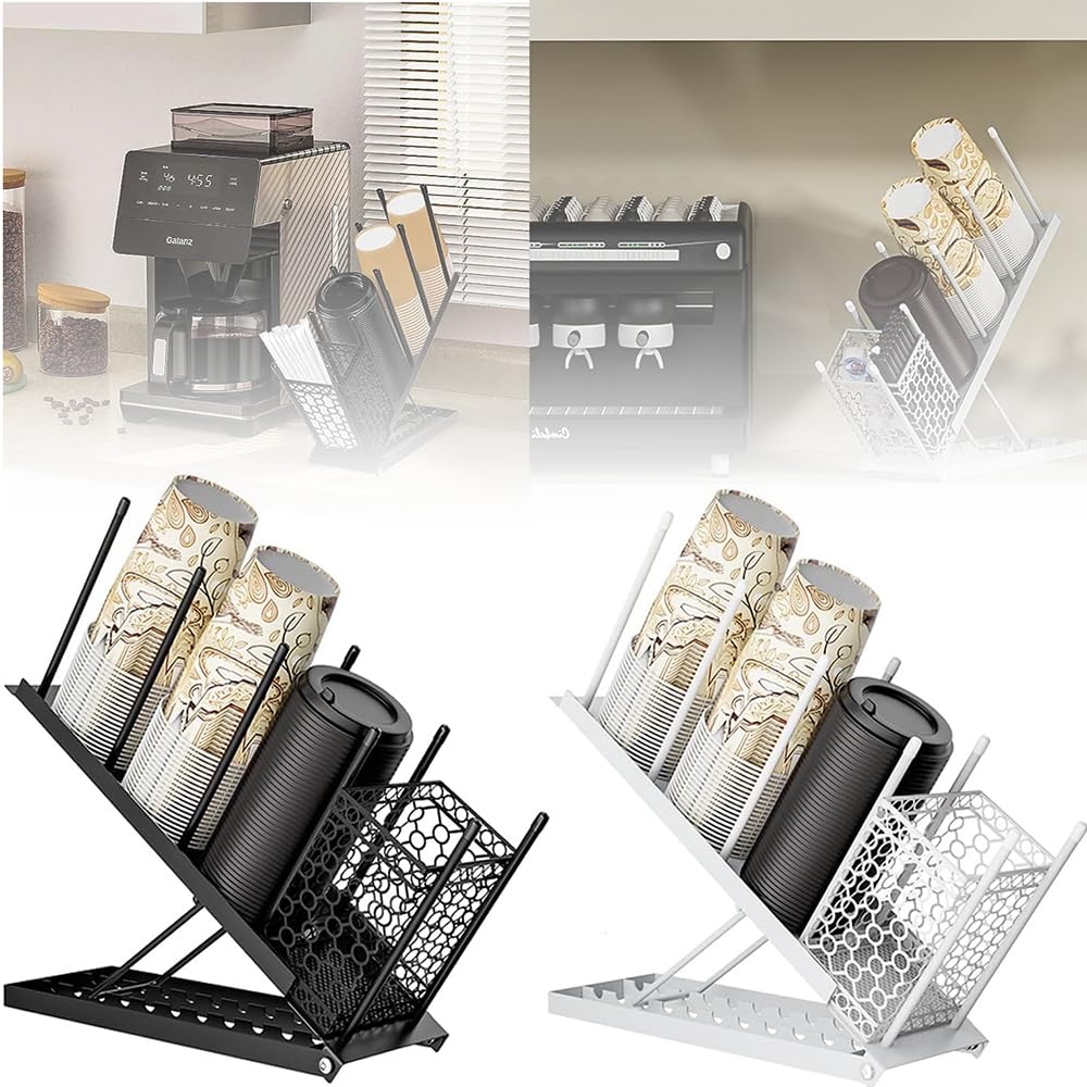 HEYOUTH Juego de 2 organizador de tazas de café desechables | Negro/Blanco con Cesta para Pajitas | 8 Alturas + 4 Niveles Extraíbles (100 Vasos) para Cafeterías y Oficinas