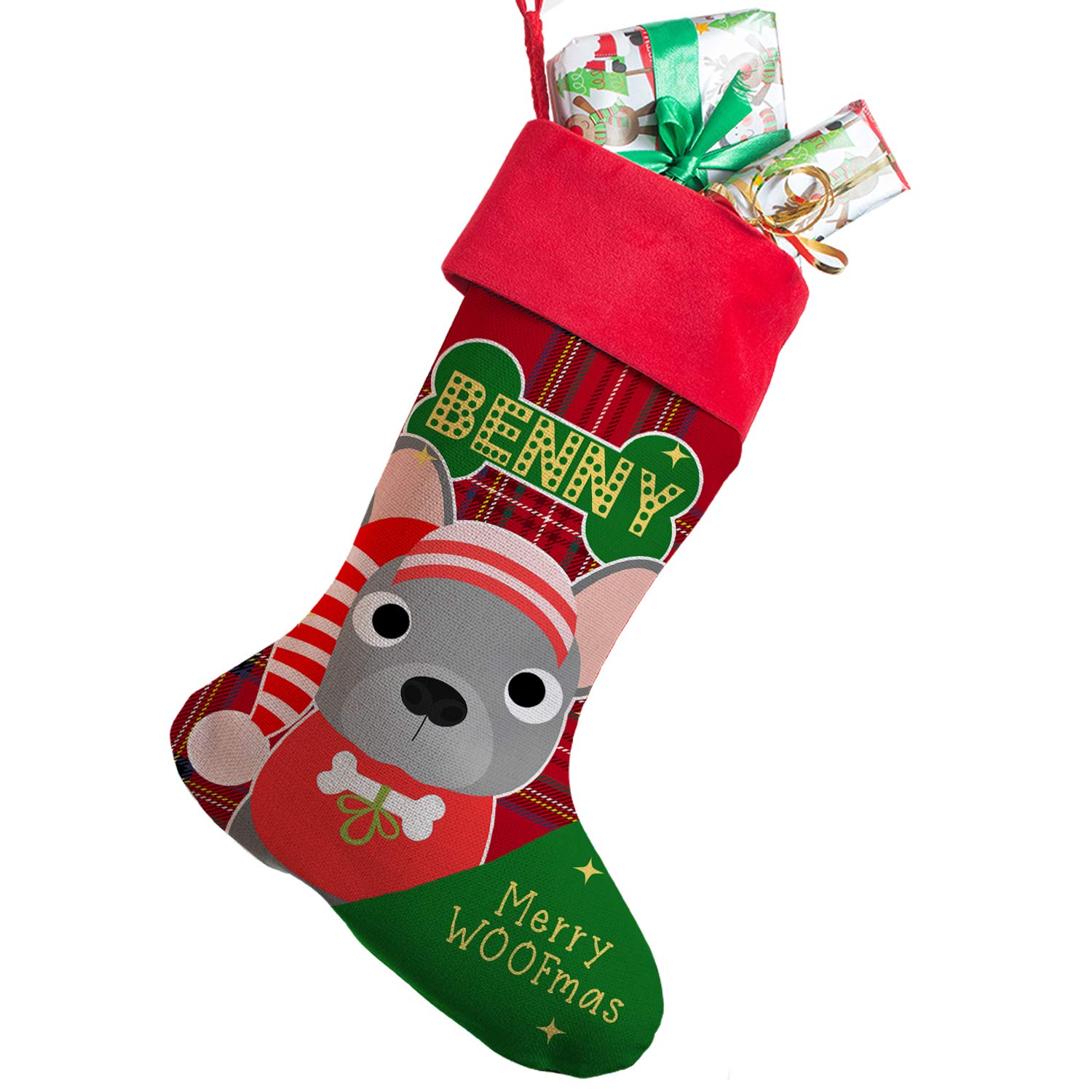 KRAFTYGIFTS Personalised DOG Christmas Stocking French Bulldog Xmas Toy Bag Pet Treat Sock Grey SD31
