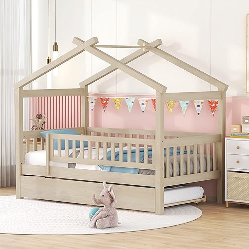 Miniatura 4 de Cama individual de casa con nido, marco de cama individual para niños con rieles y techo, cama de tienda, cama de madera para juegos, cama