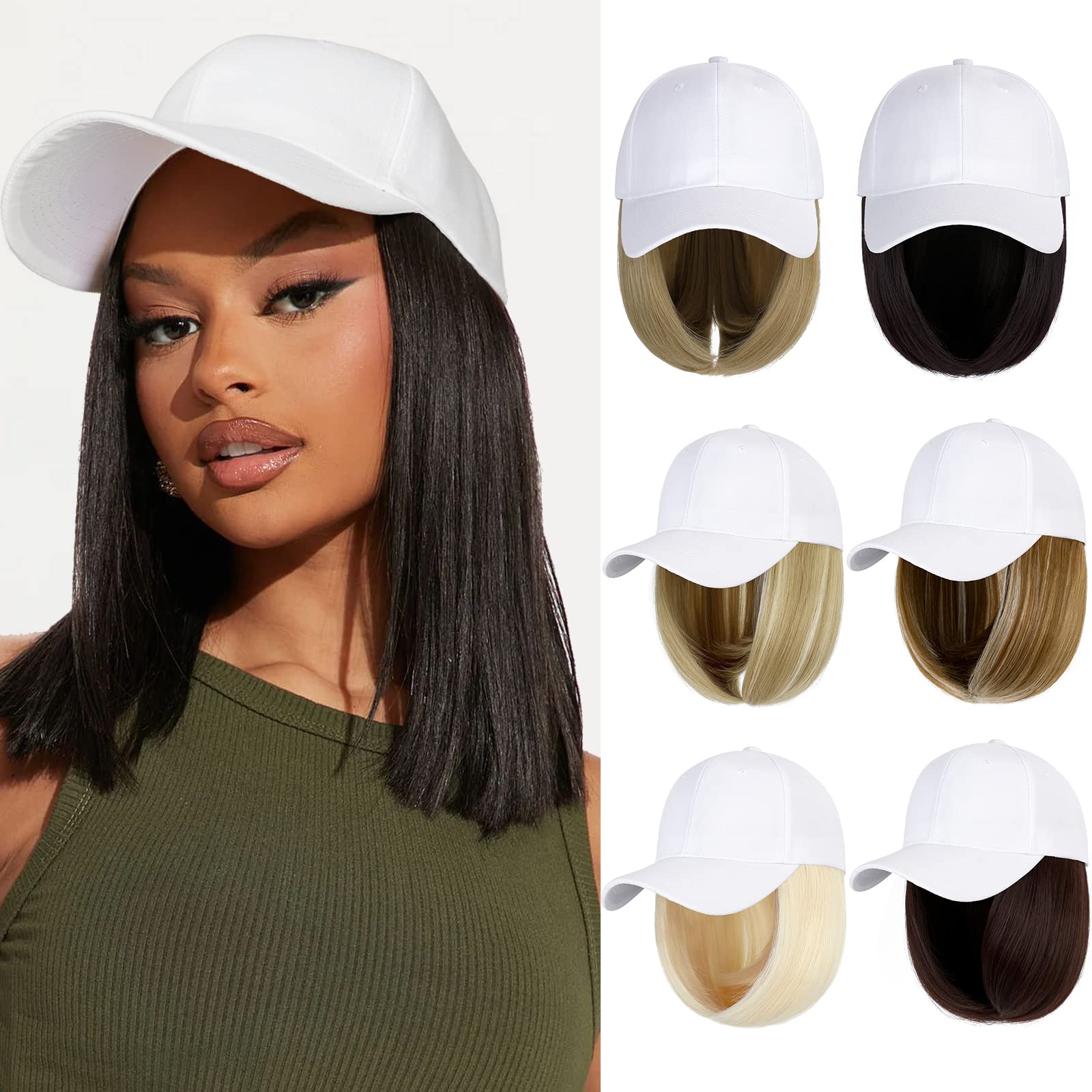 Lansigreen Baseball Cap with Hair Extensions Hat Wig Adjustable Hat Attached Short Straight 14" Synthetic Hairpiece for Women Dark Brown