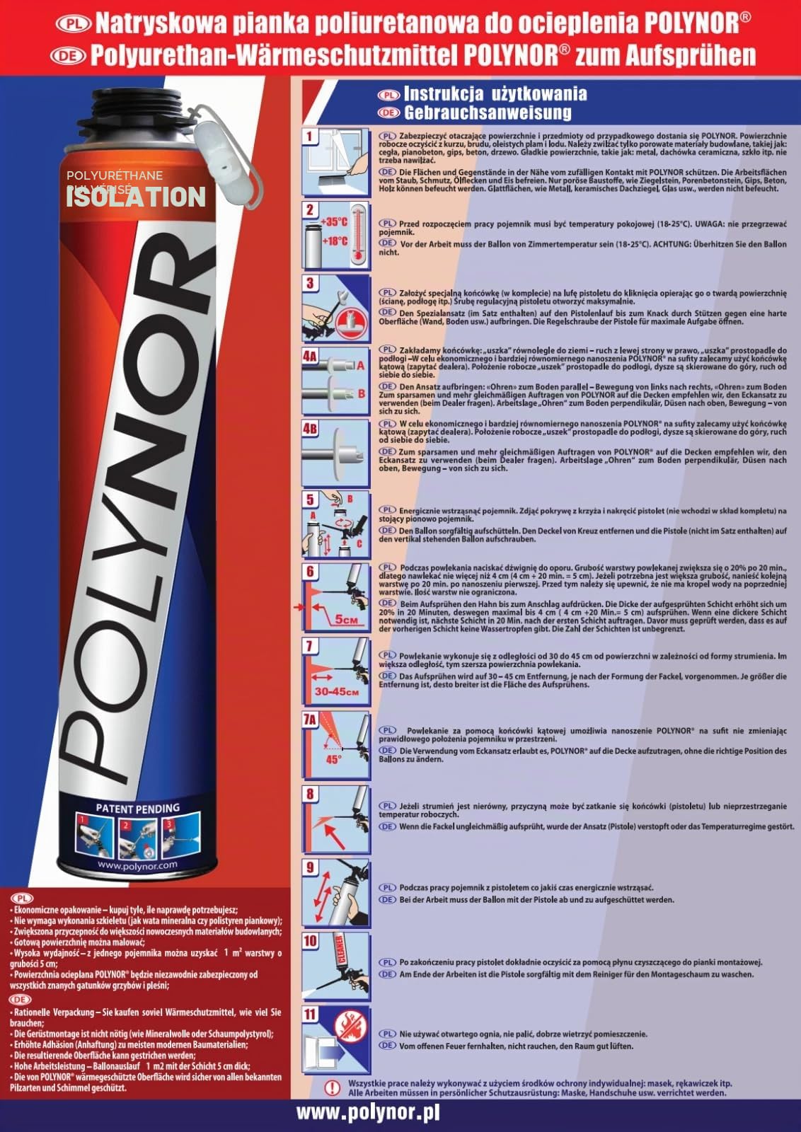 POLYNOR Isolation thermique PUR en bombe PRO - Kit 16 pièces - 6 mousses - Pistolet à mousse - Isolation thermique par pulvérisation - Isolation des murs, toits, plafonds, tuyaux - Aérosol 750 ml
