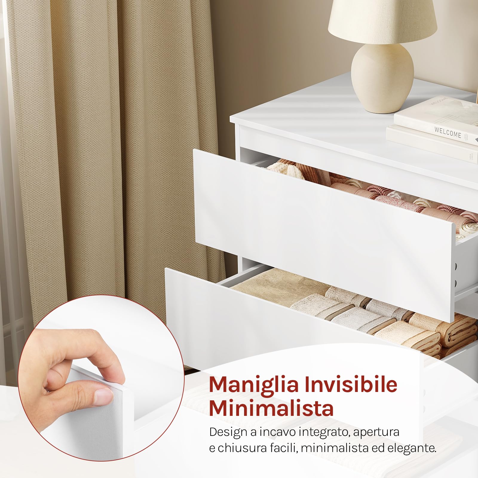 WOLTU Comodino Camera da Letto, Cassettiera Salvaspazio | con 3 Cassetti, per Soggiorno, Corridoio, Studio, Ufficio, in Legno, 60x40x70 cm, Bianco