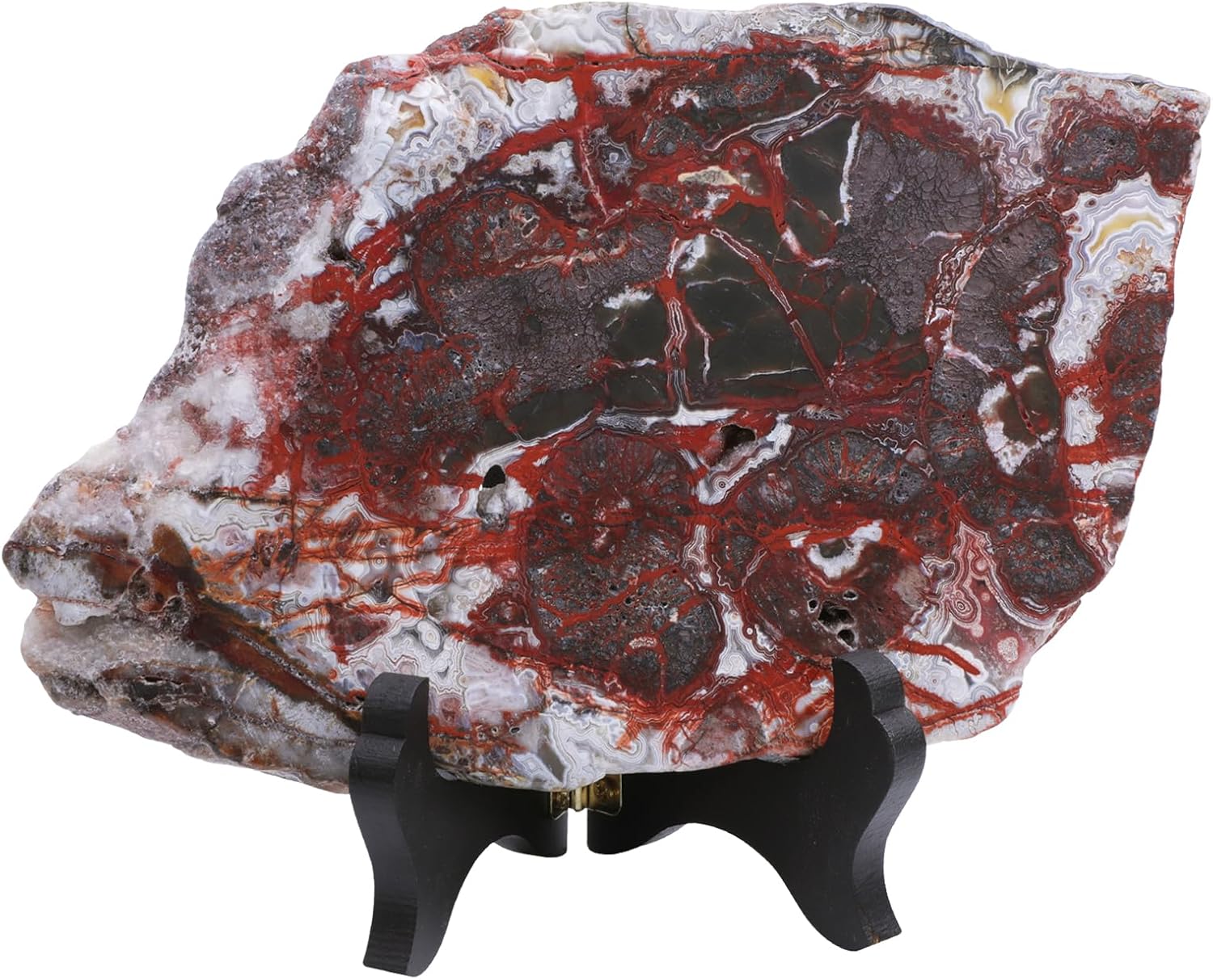 Rockcloud Natural Mexican Agate Slab with Wooden Stand, Irregular Agate Slice Specimen for Home Office Table Display, 0.22-0.44 lb