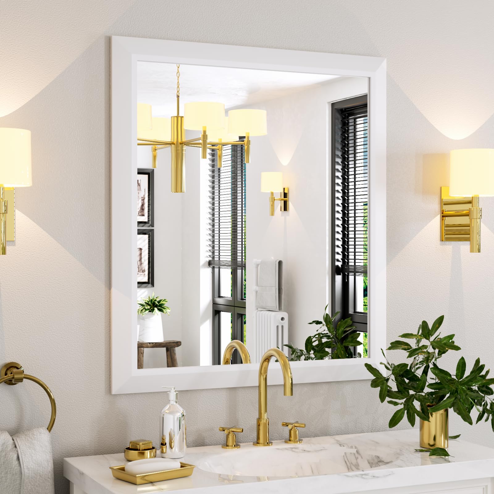 Photo 1 of Amorho Bathroom Mirror, 36x32 Inch White Framed Bathroom Mirrors for Over Sink, Wall-Mounted Mirrors for Bedroom, Living Room, Entryway(Horizontal/Vertical).