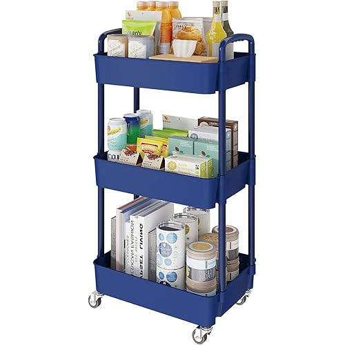 Laiensia 3-Tier Storage Cart,Multifunction Utility Rolling Cart Kitchen Storage Organizer,Mobile Shelving Unit Cart with Lockable Wheels for Bathroom,Laundry,Living Room,with Classified Stickers,Blue
