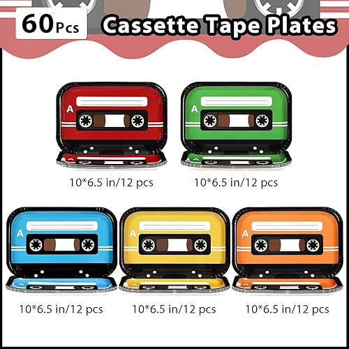 Miniatura 2 de Grencian 60 platos de cinta de cassette de 10 x 6.5 pulgadas, platos cuadrados de papel cuadrados para fiestas temáticas de música, vajilla