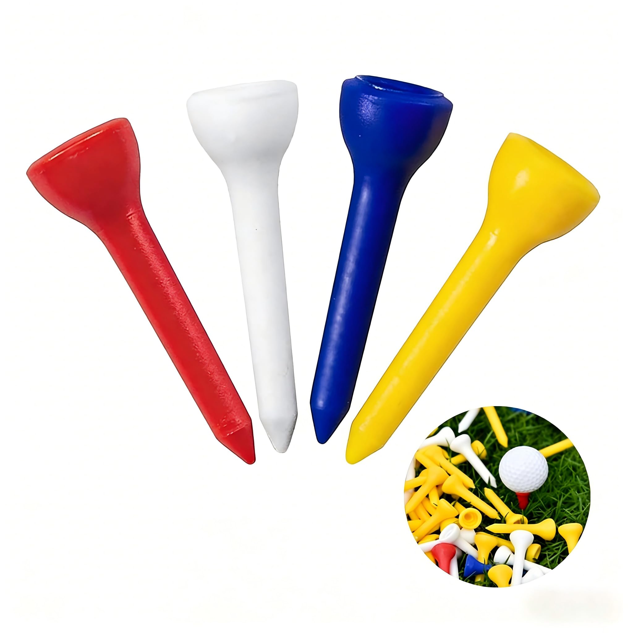 Helangtong Plastic Golf Tees 100pcs 35mm Colorful Plastic Golf Tees Durable High-Density Polyethylene Golf Accessories Easy Insert Tee for Stable Ball Support Red White Blue Yellow Golf Tee Pack