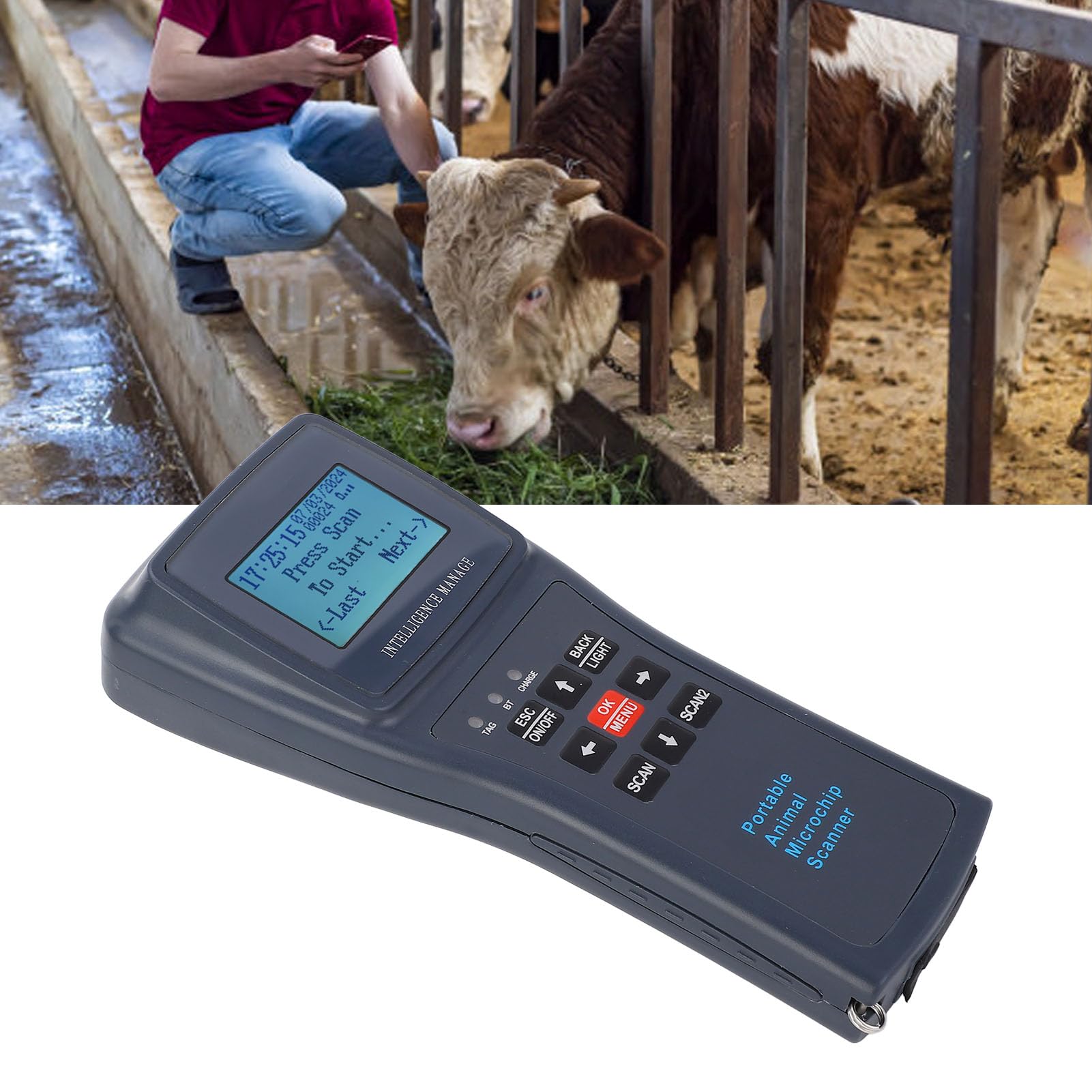 Lettore Microchip Portatile per Cani e Gatti Scanner ID Animale 60000 Record Compatible with ISO 11784/11785 Basso Frequenza Vet