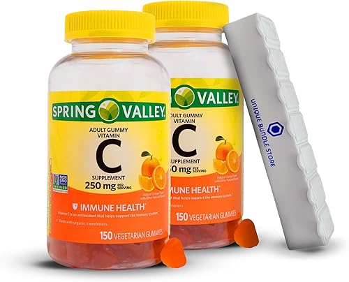 Spring Valley, Vitamina C 250 mg, 150 gomitas de naranja, gomitas de vitamina C para adultos, salud inmunológica sin OMG, vegetariano + organizador